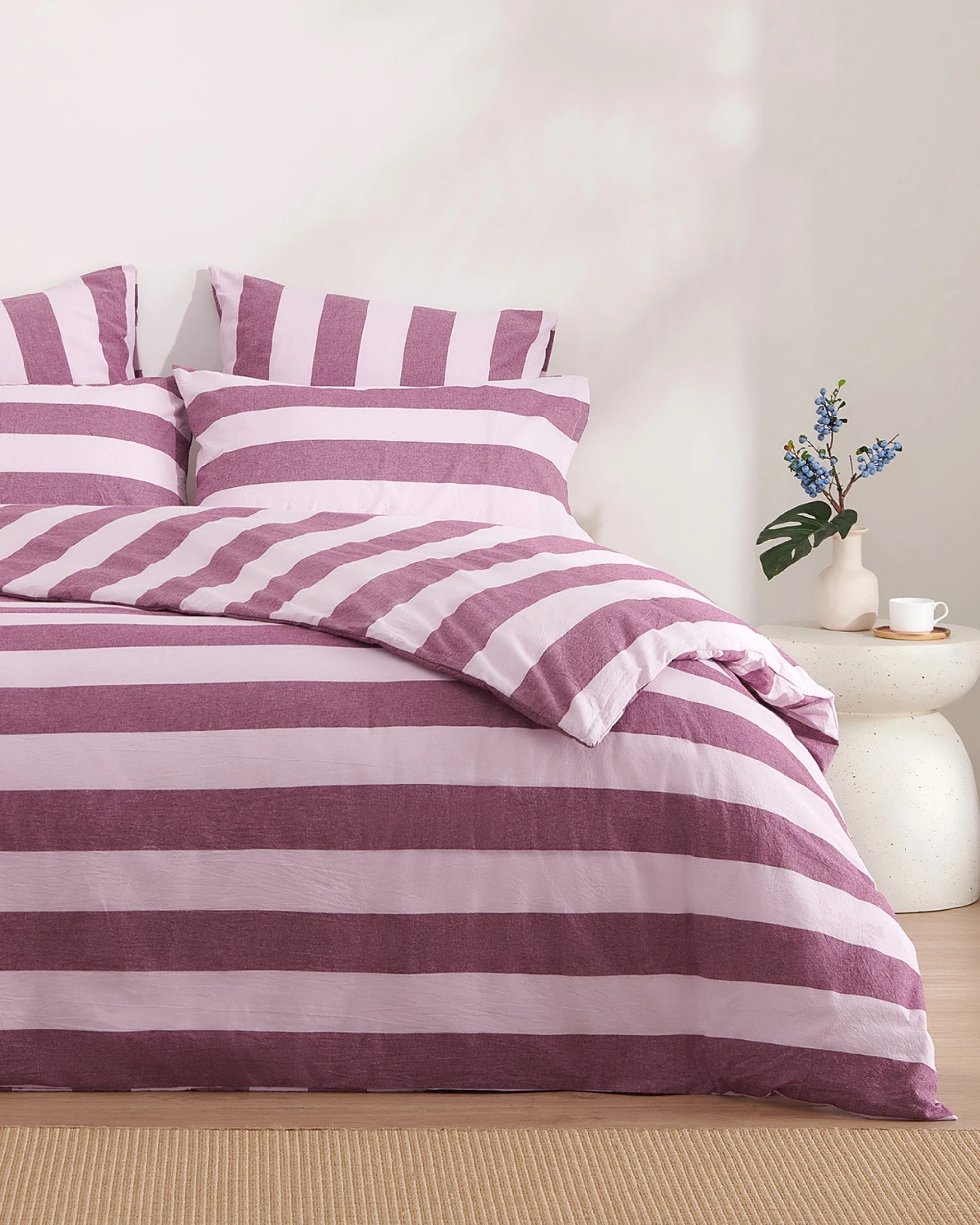 2 Dreamaker Bowie Washed Cotton Yarn Dyed Stripe Quilt Cover Set - Double Bed - Mauve/Cherry, 2 of 6