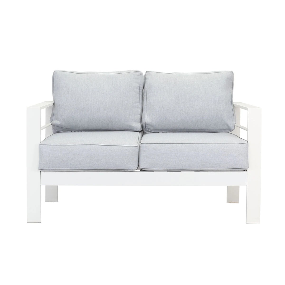 1 Moda Living Paris 2 Seater White Aluminium Outdoor Sofa Lounge with Arms - Light Grey Cushion - White, 1 of 5