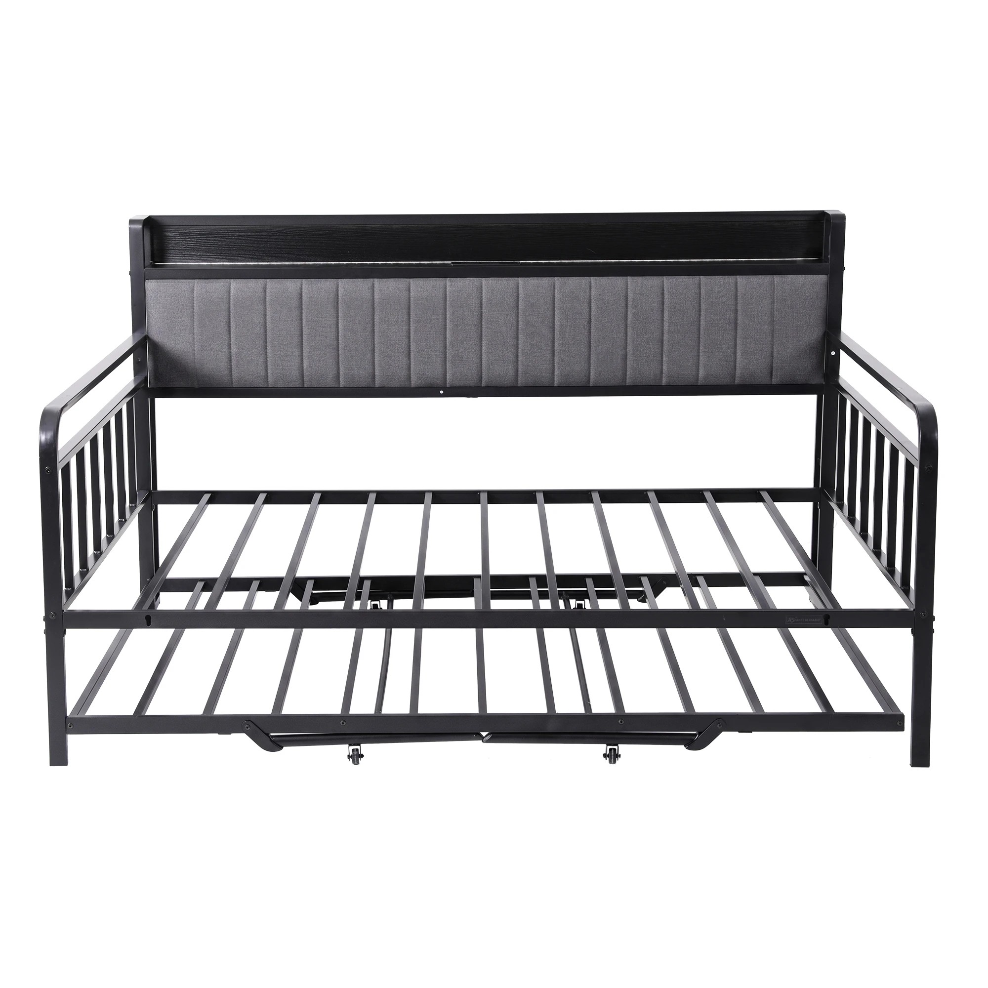 3 Artiss Bed Frame LED Metal Trundle Daybed with Charging Station - Double Bed - Black, 3 of 8