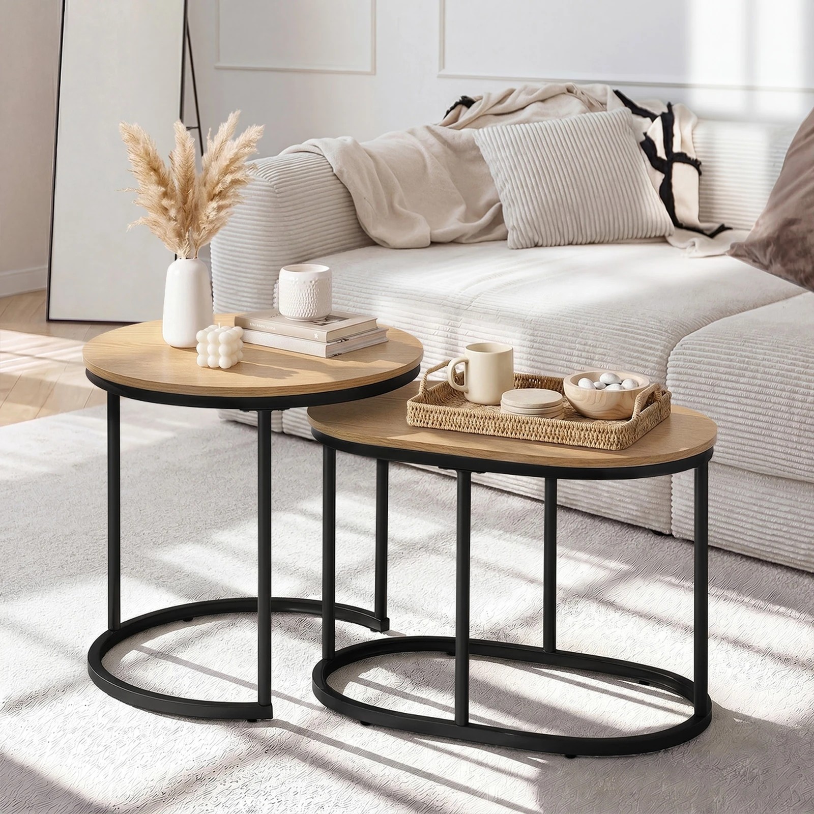 4 Oikiture Set of 2 Coffee Table Round Oval Nesting Side End Tables - Natural, 4 of 9
