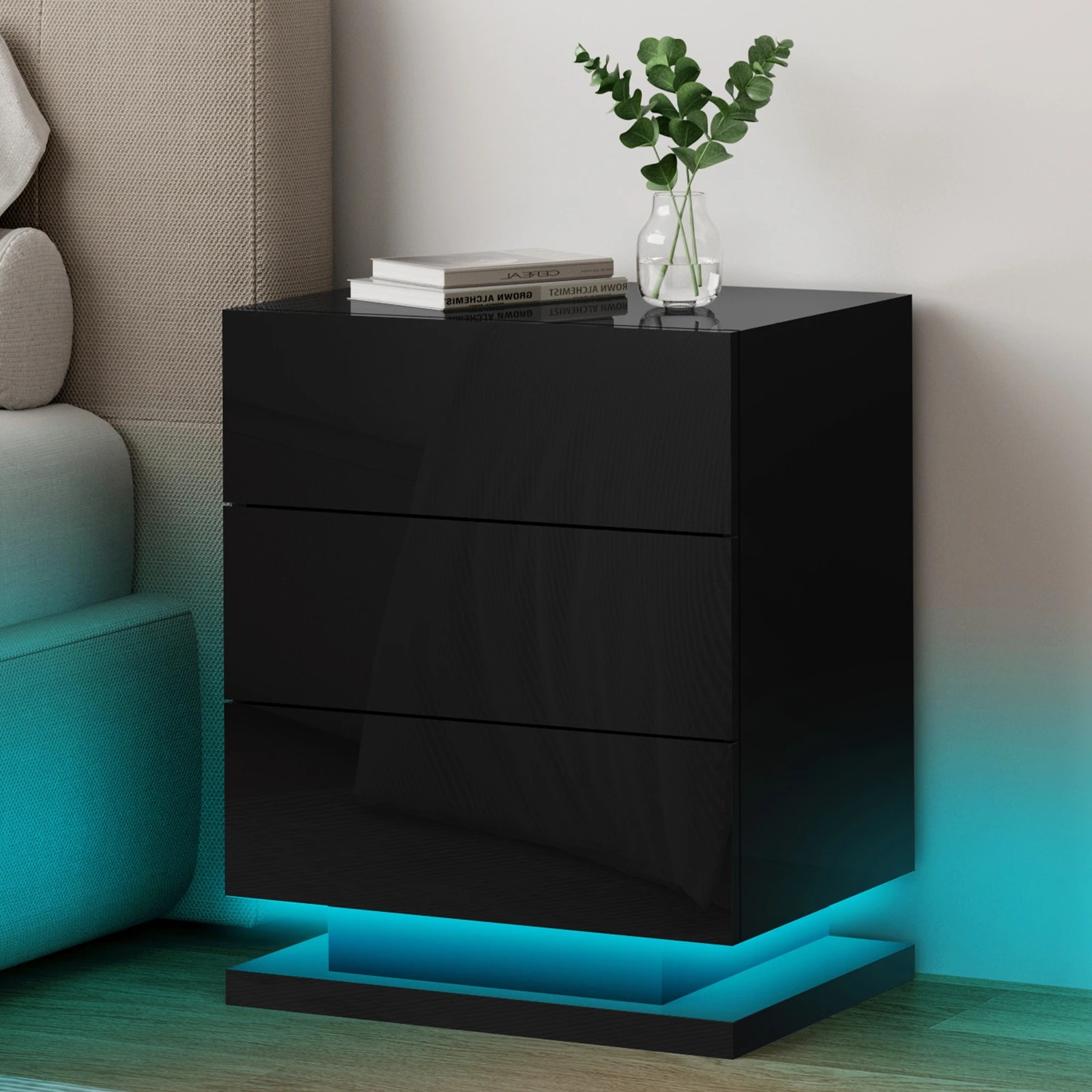 2 Alfordson Bedside Table RGB LED Nightstand 3 Drawers 4 Side High Gloss - Black, 2 of 10