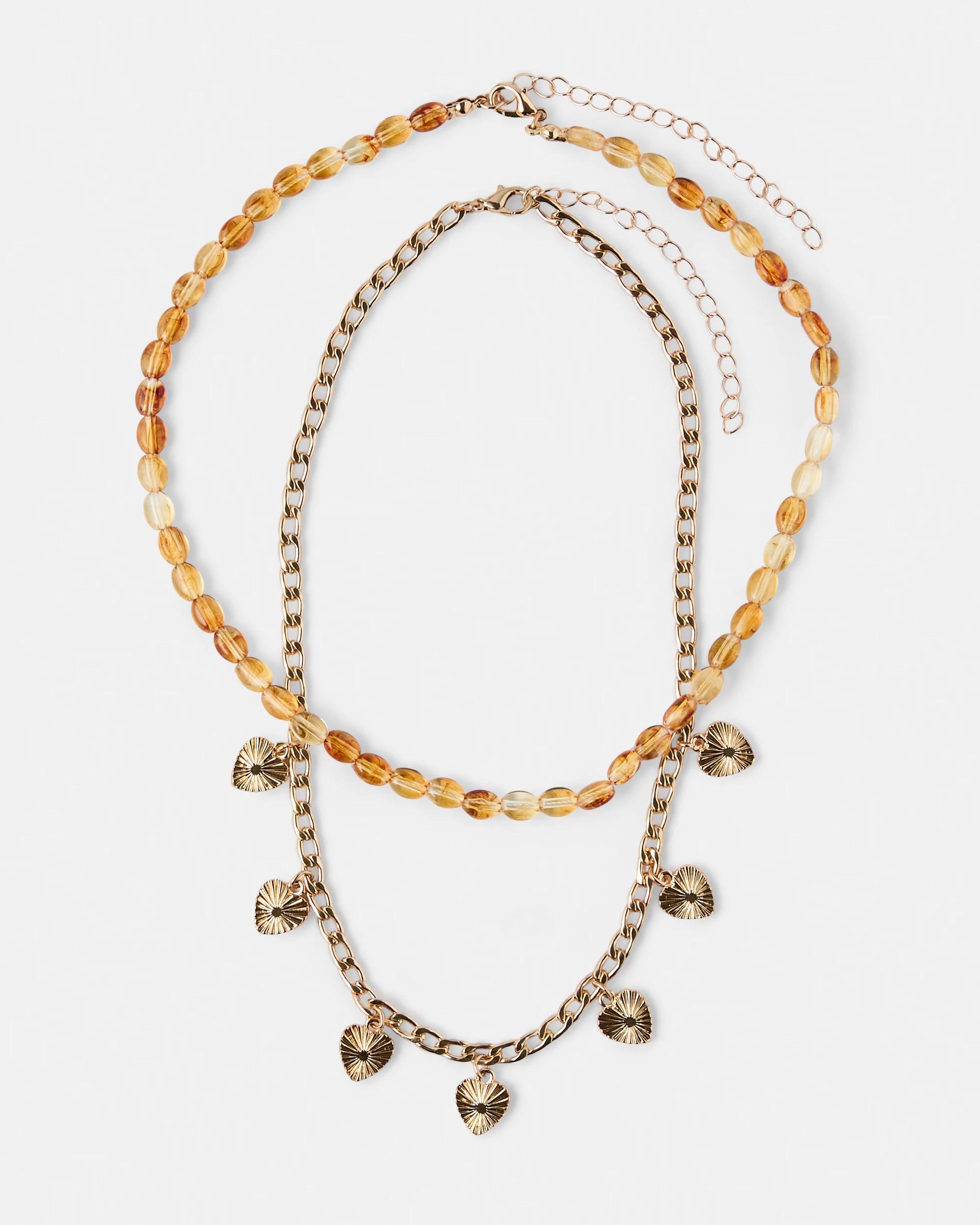 1 2 Pack Bead and Heart Necklace - Gold Tone Gold, 1 of 4