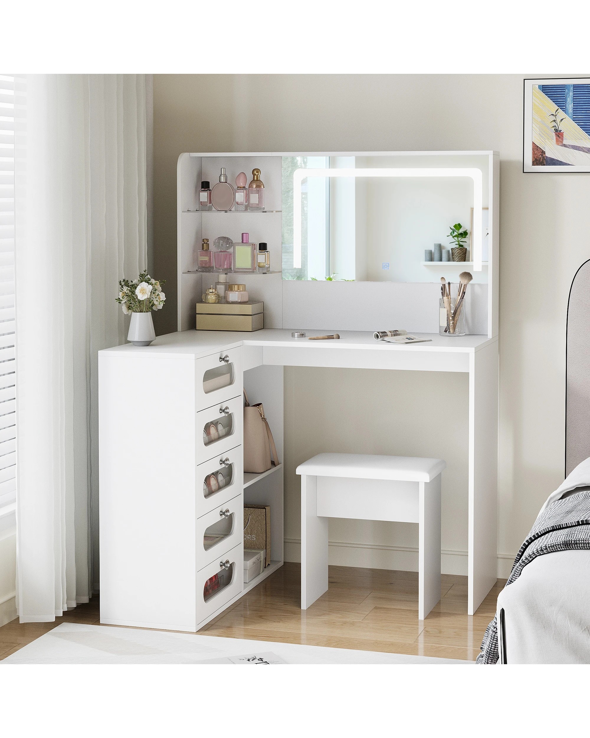 6 Advwin Corner Dressing Table L Shaped with Mirror and Lights 5 Drawers - White, 6 of 7