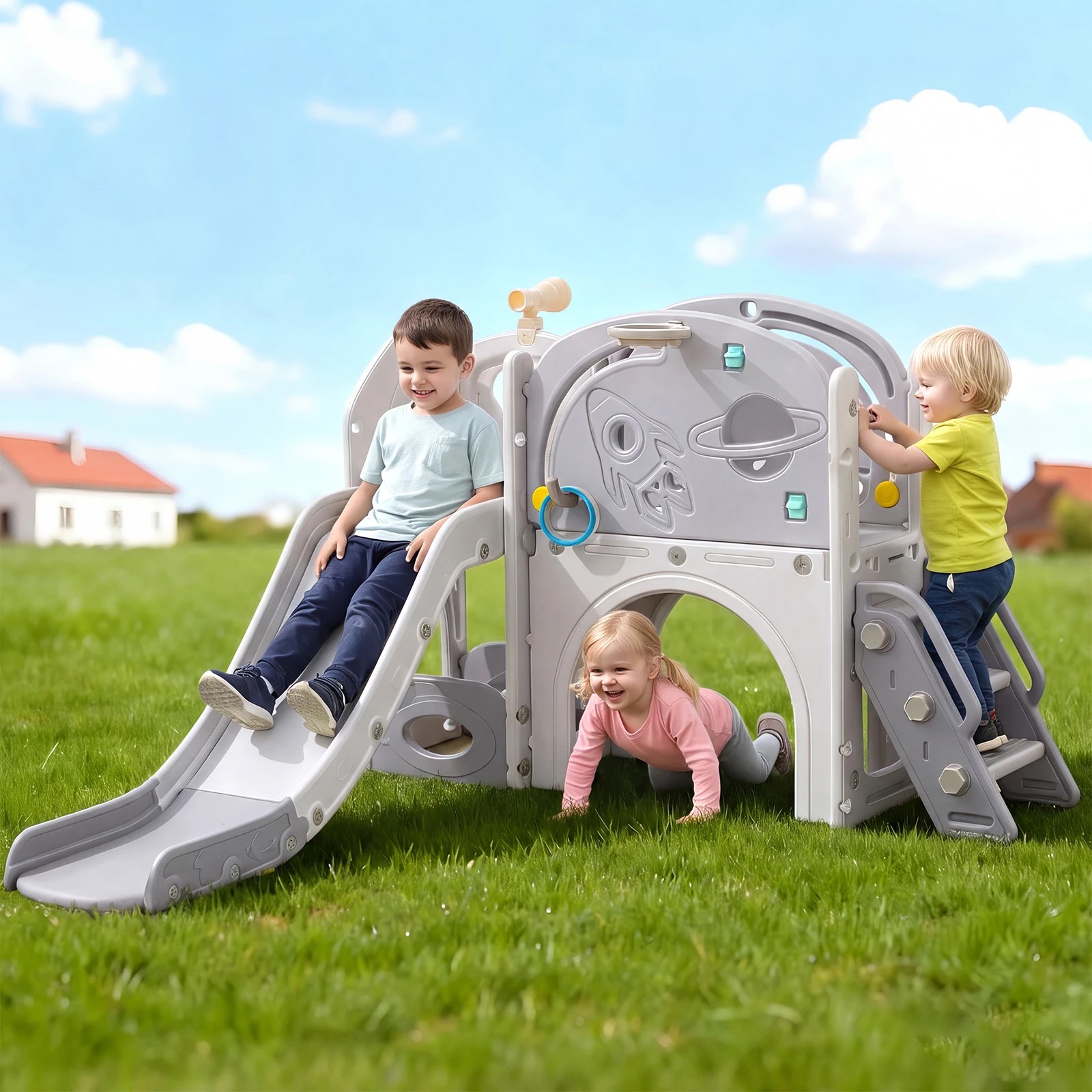 2 Advwin 9 in 1 L-Shaped Toddler Slide Indoor Baby Slide Kids Playset Outdoor Playground - Grey, 2 of 8