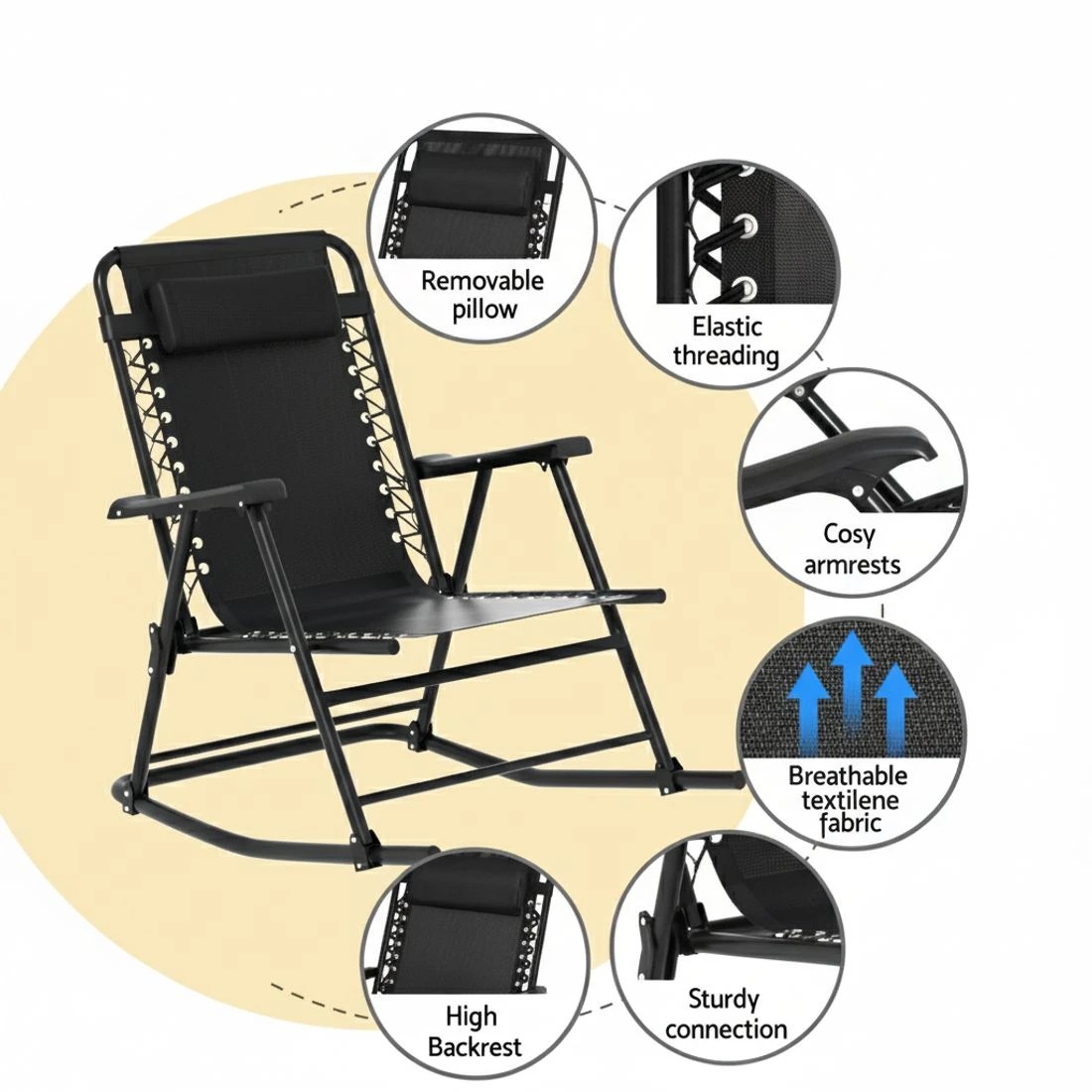 4 Gardeon Outdoor Rocking Chair Folding Reclining Recliner Patio Furniture Garden - Black, 4 of 5