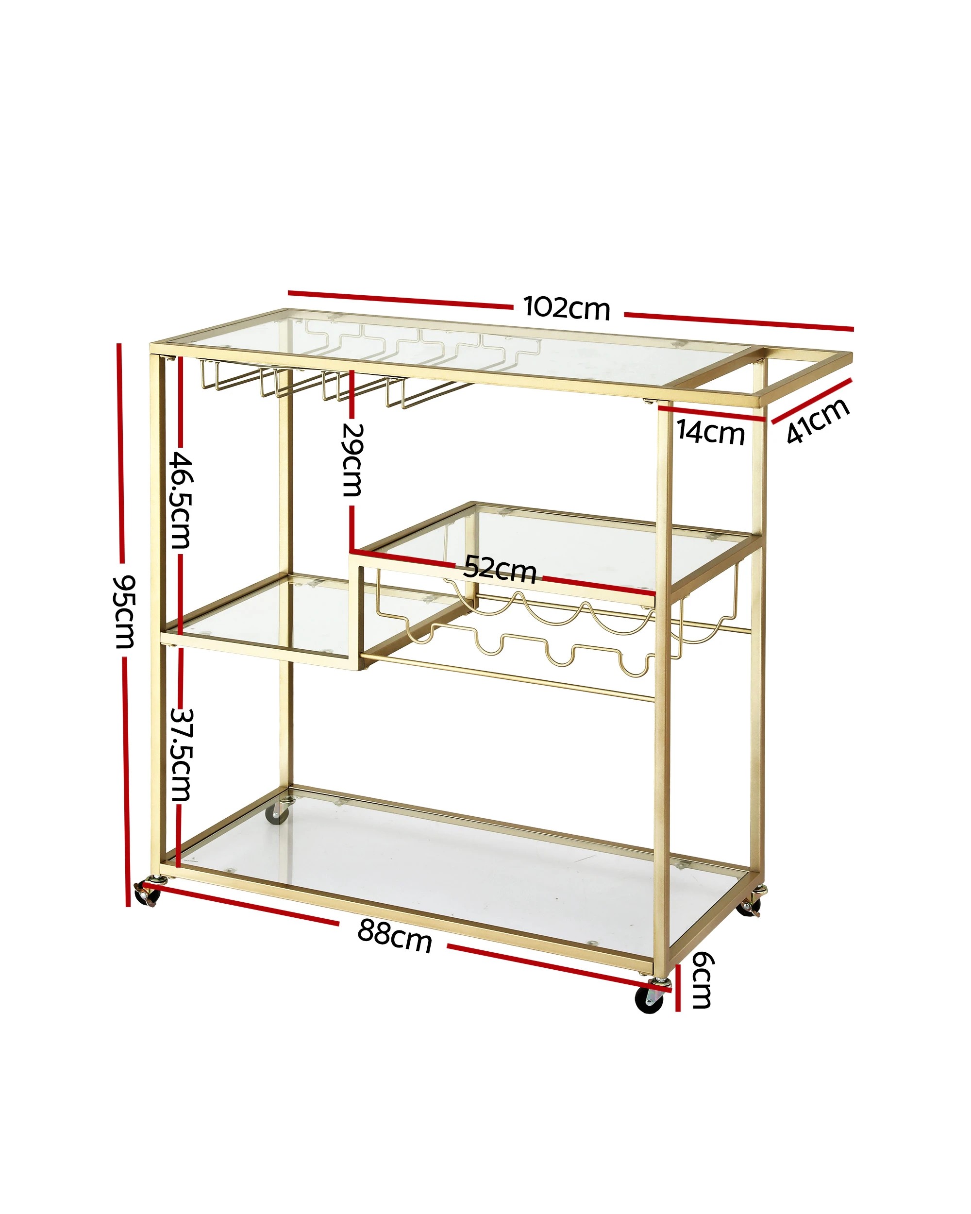 3 Artiss Bar Cart Drink Trolley Serving Cocktail Wine Rack Glass Holder 102cm - Gold, 3 of 8