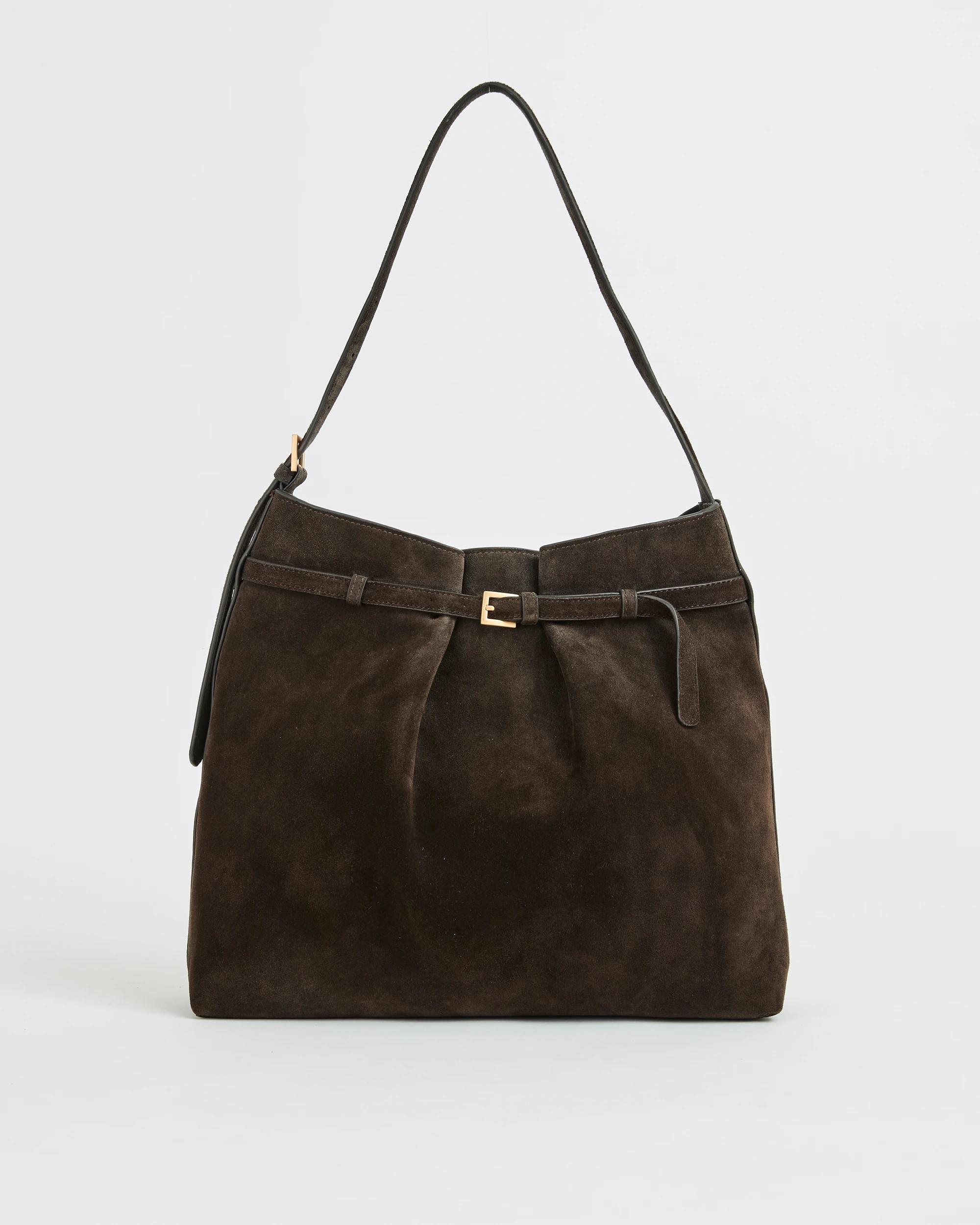 1 Target Woman Premium Suede Leather Belted Bucket Bag BITTER CHOCOLATE, 1 of 3