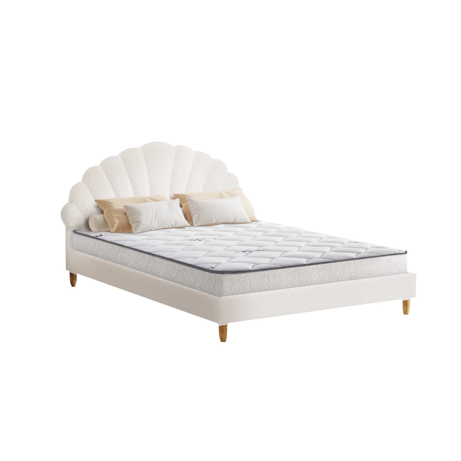 1 Oikiture Bed Frame Double Size Scallop-Shape Bedhead Boucle with Mattress - White, 1 of 8