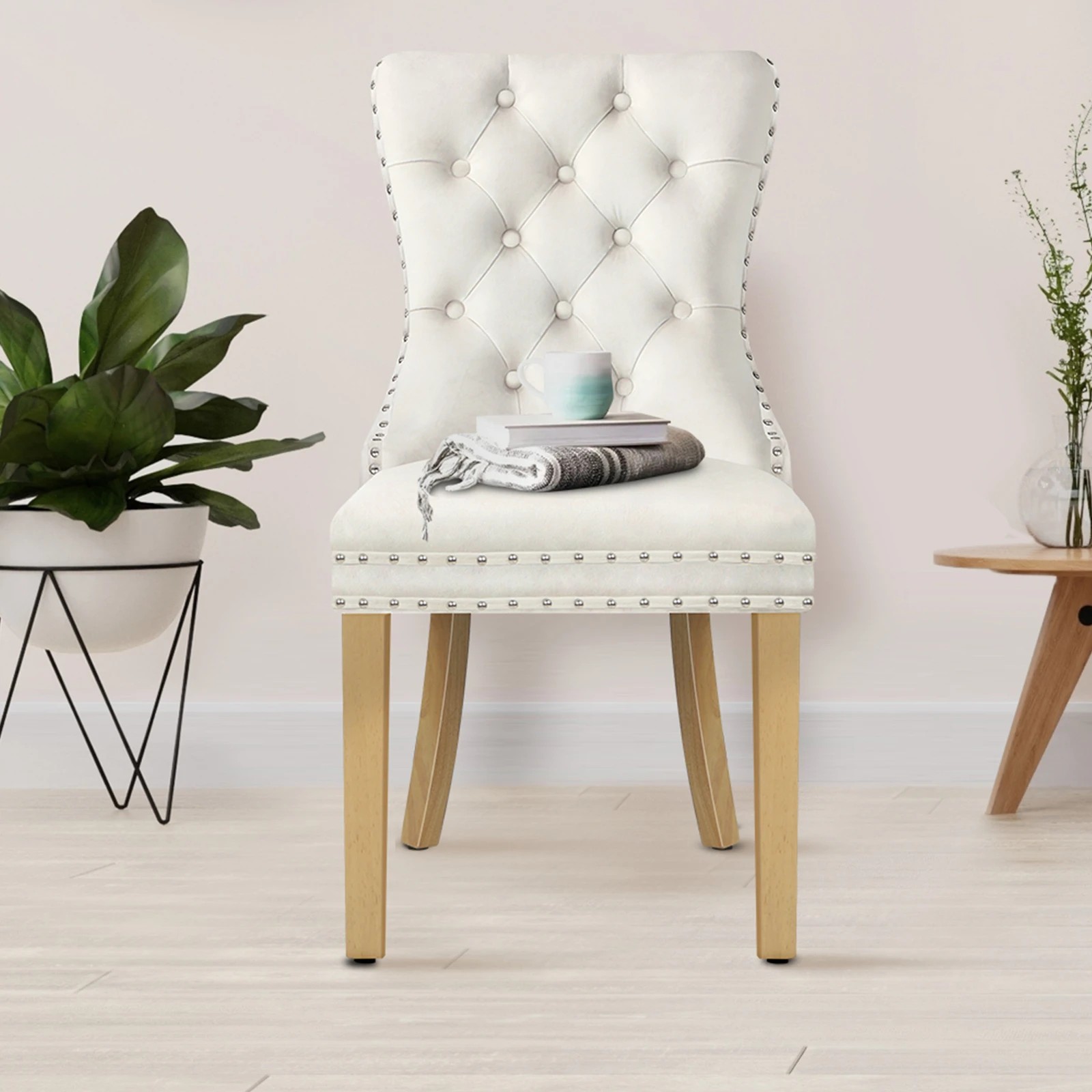 5 Alfordson 2x Dining Chair Kitchen Lounge Retro Button Tufted Wooden Velvet - Beige, 5 of 10