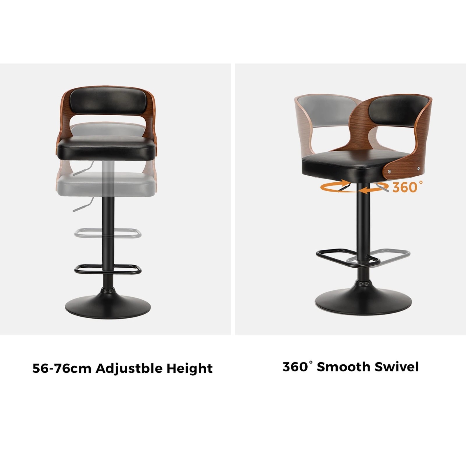 4 Oikiture 2x Bar Stools Kitchen Gas Lift Swivel Chairs - Black, 4 of 9