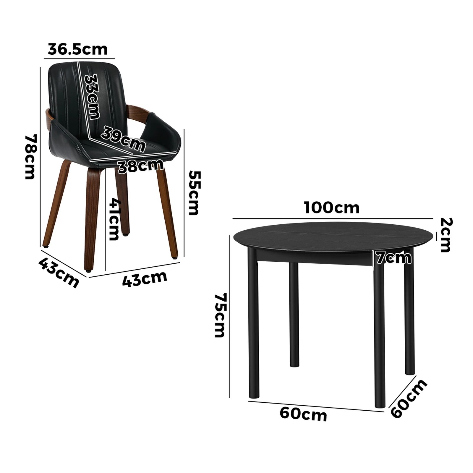 2 Oikiture 5PCS Dining Table Set 100cm Round Table 4 Faux Leather Dining Chairs - Black, 2 of 9