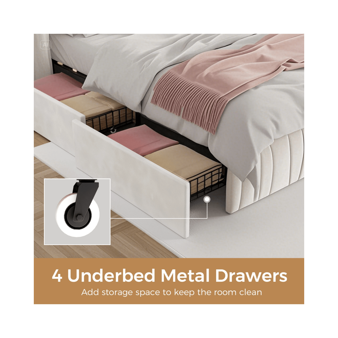 6 Advwin Queen Bed Frame With 4 Storage Drawers & Charging Station Biege, 6 of 7