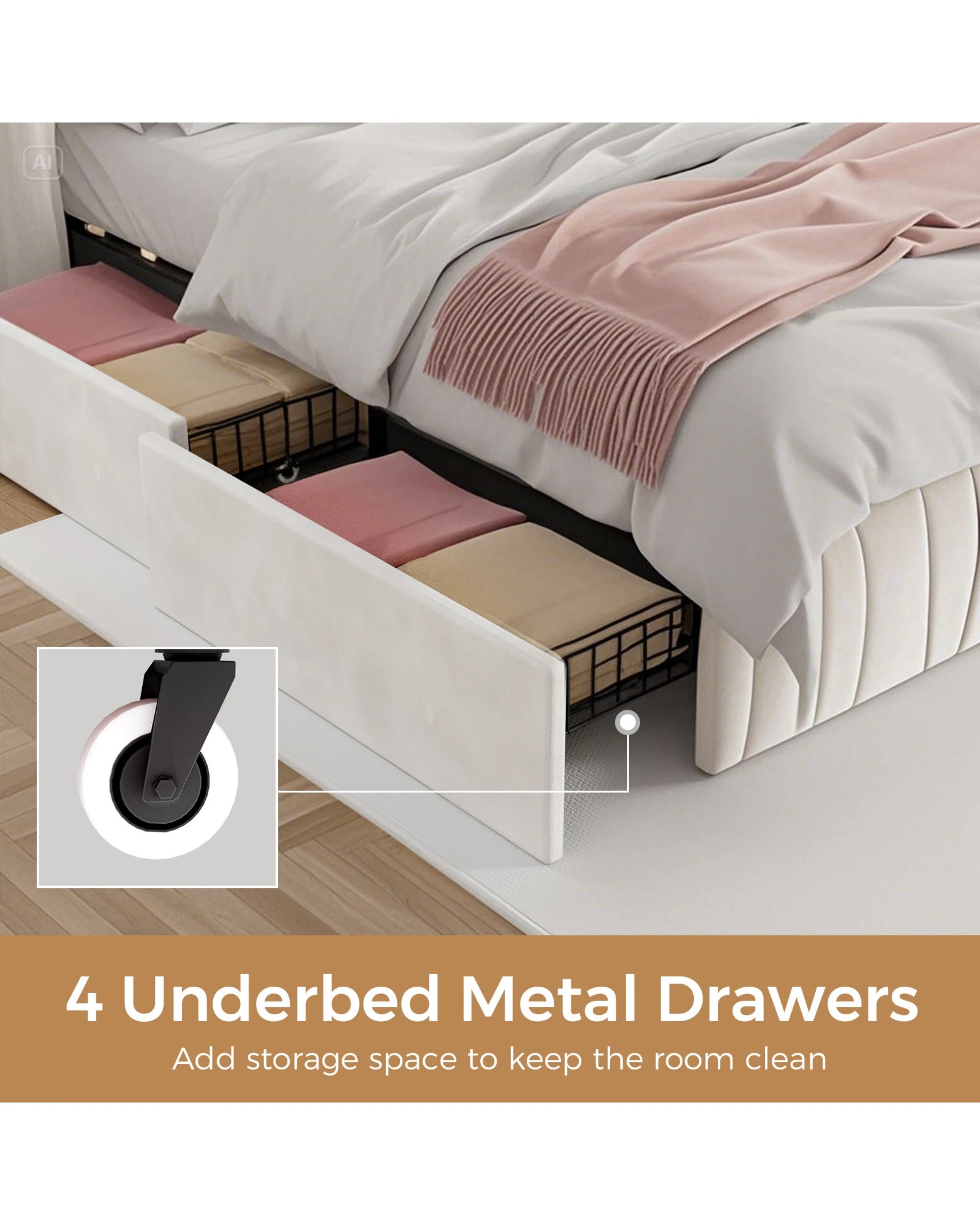 6 Advwin Queen Bed Frame With 4 Storage Drawers & Charging Station Biege, 6 of 7