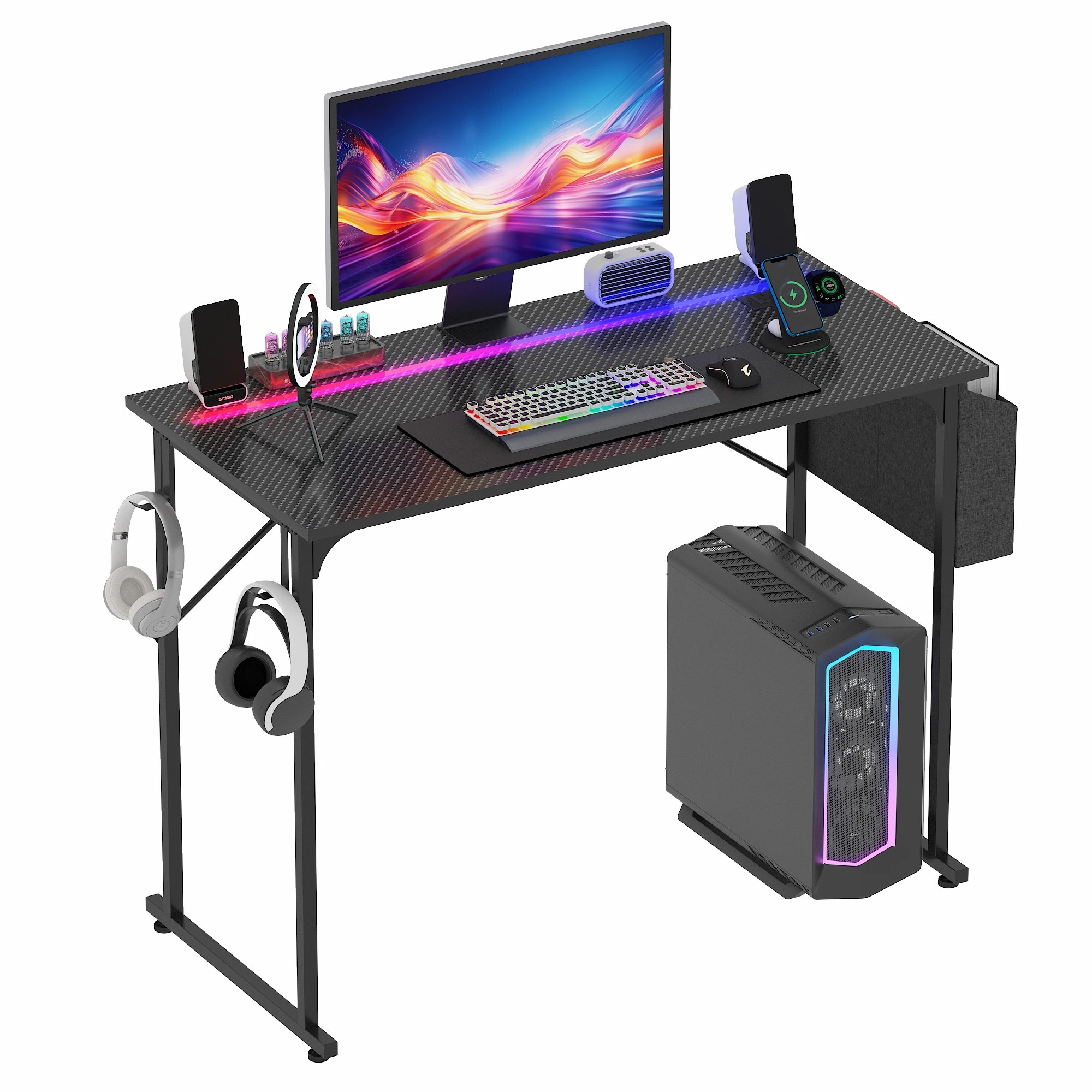 Advwin 100cm LED Gaming Desk w/ Power Outlets Carbon Fiber Small ...