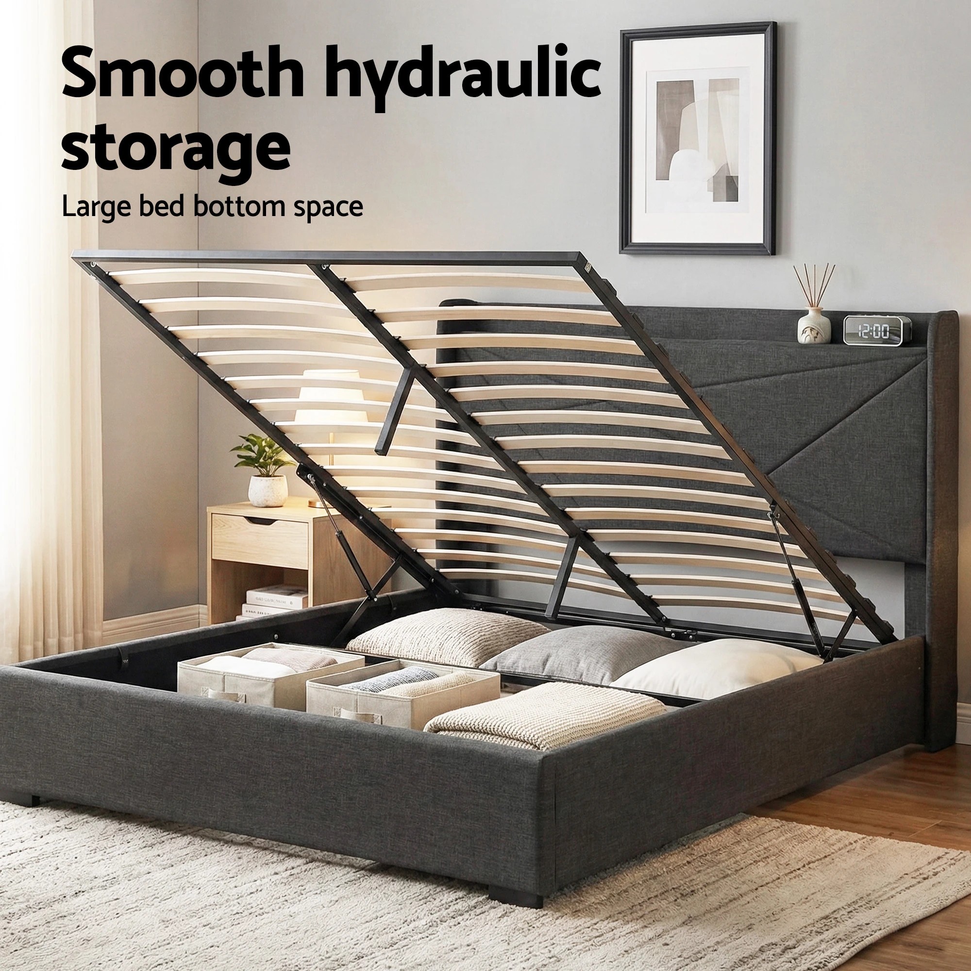 7 Artiss Double Bed Frame Gas Lift Storage Bed with Charging Ports Upholstered Geometric Headboard Charcoal - Black, 7 of 9