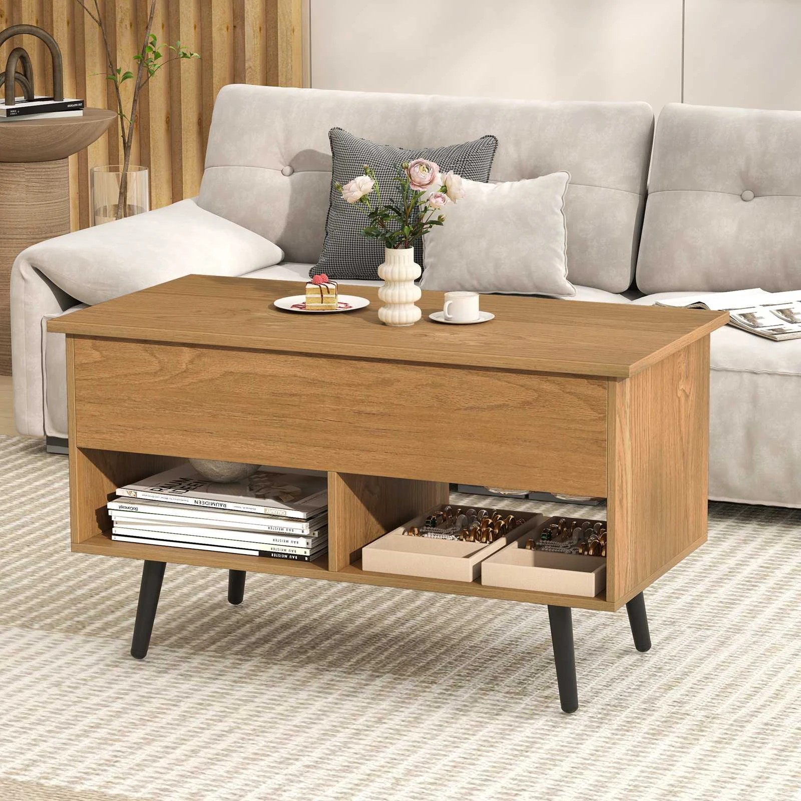 4 Costway 80cm Lift Top Coffee Table Modern Dining Table w/Hidden Storage Compartment - Natural, 4 of 5