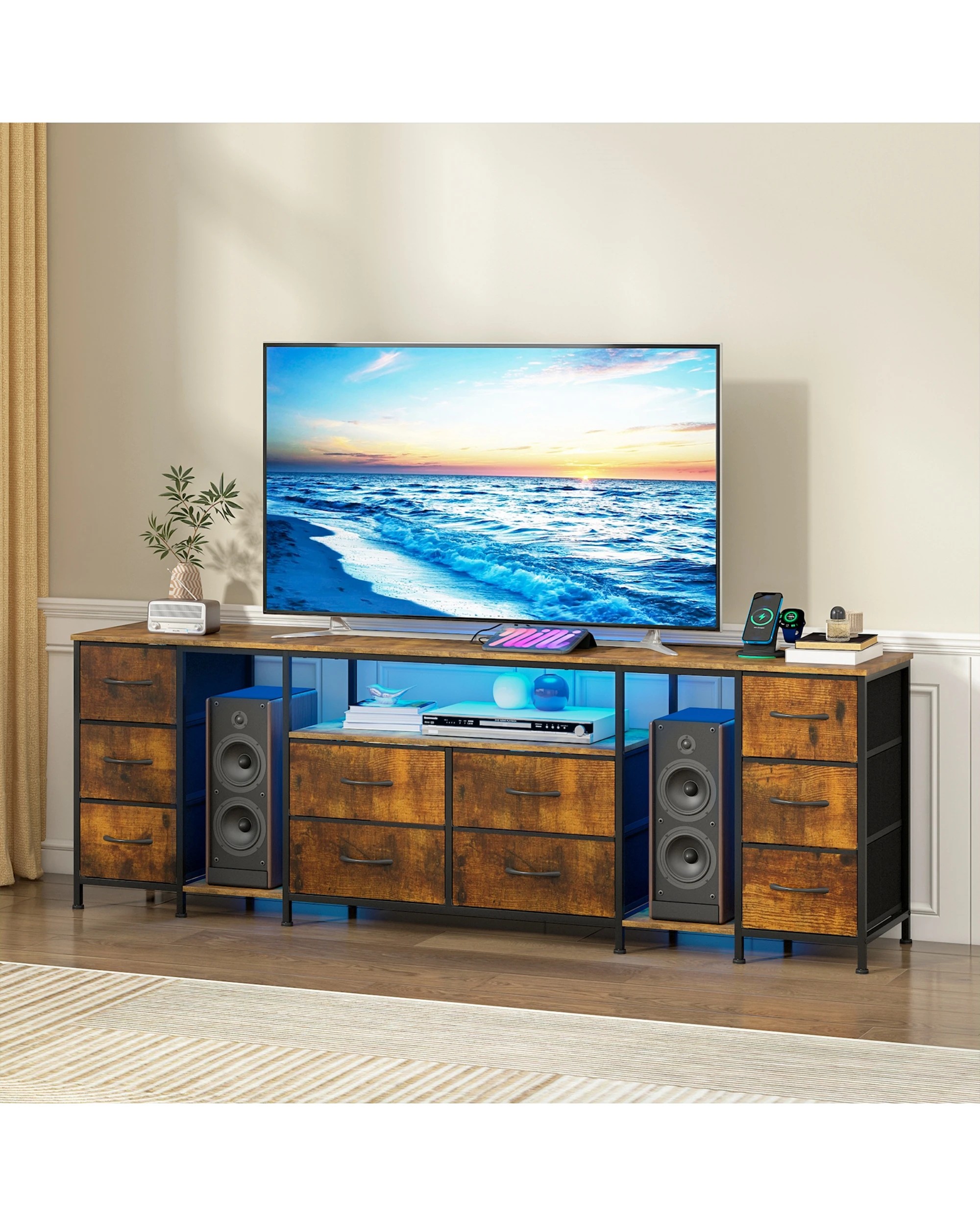 3 Advwin 180cm TV Cabinet LED Entertainment Unit Stand w/ Power Outlet & Drawer Media Console Table Walnut, 3 of 8