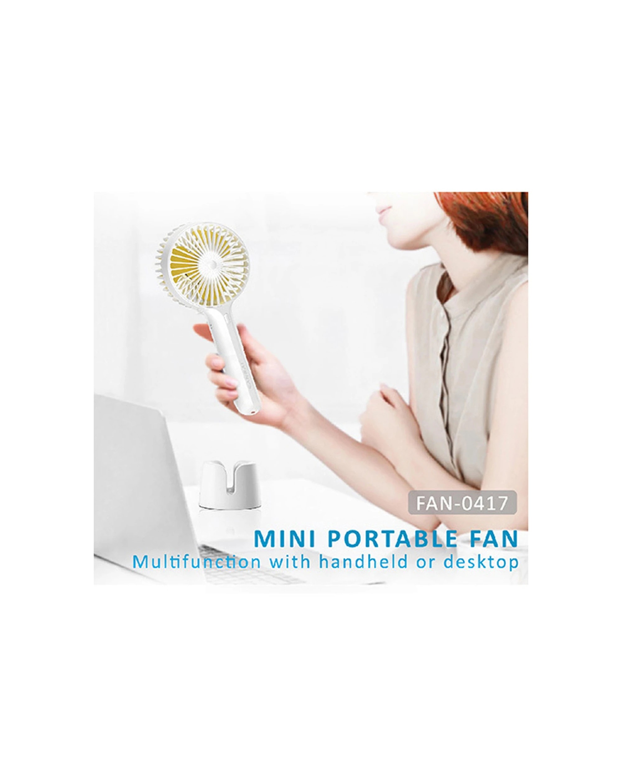 2 SANSAI Portable USB Rechargeable Fan 22x10cm Handheld 3 Speed 1800mAh With Base - White, 2 of 3