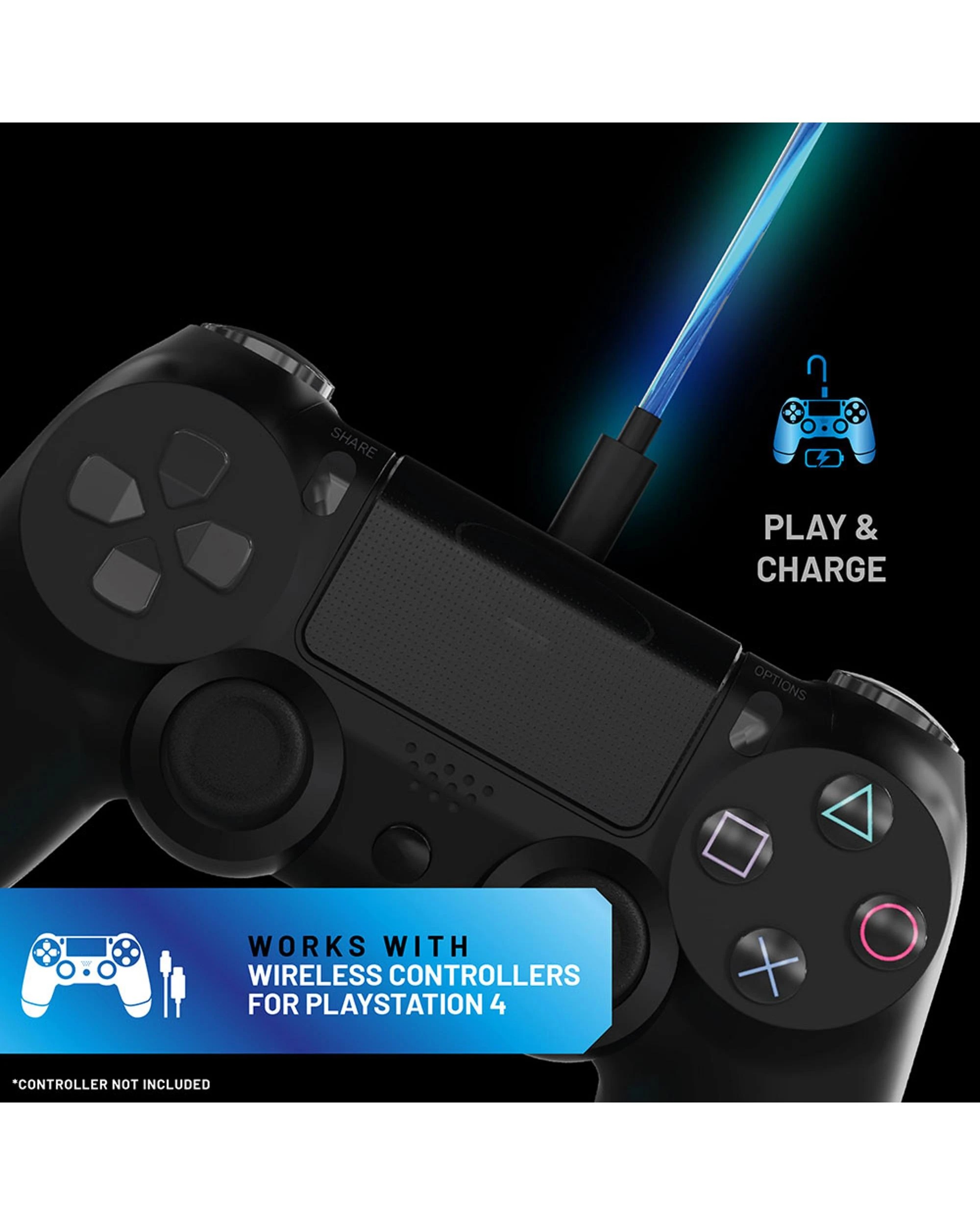 6 4Gamers PS4 Light Up Superfast 2m Play and Charge Cables Twin Pack - Micro-USB, 6 of 6