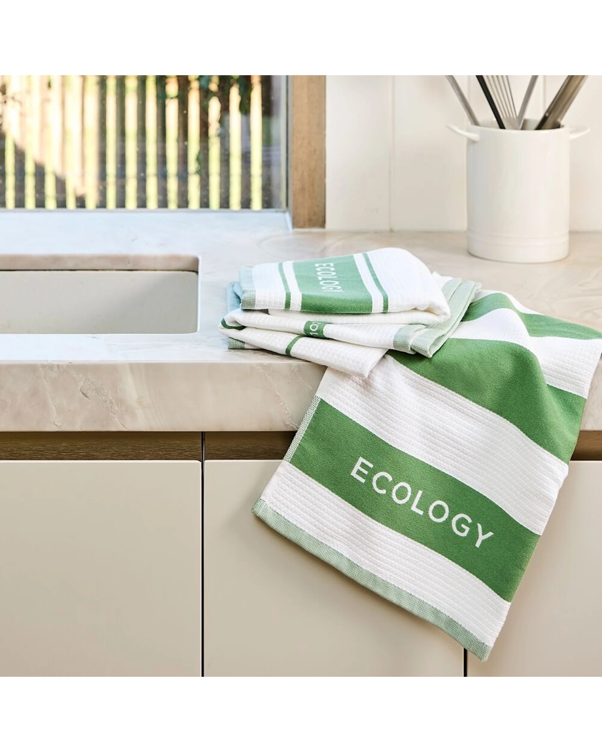 2 Ecology 3pc Fold Striped Kitchen Tea Towels Cotton 50x75cm Sage - Green, 2 of 2