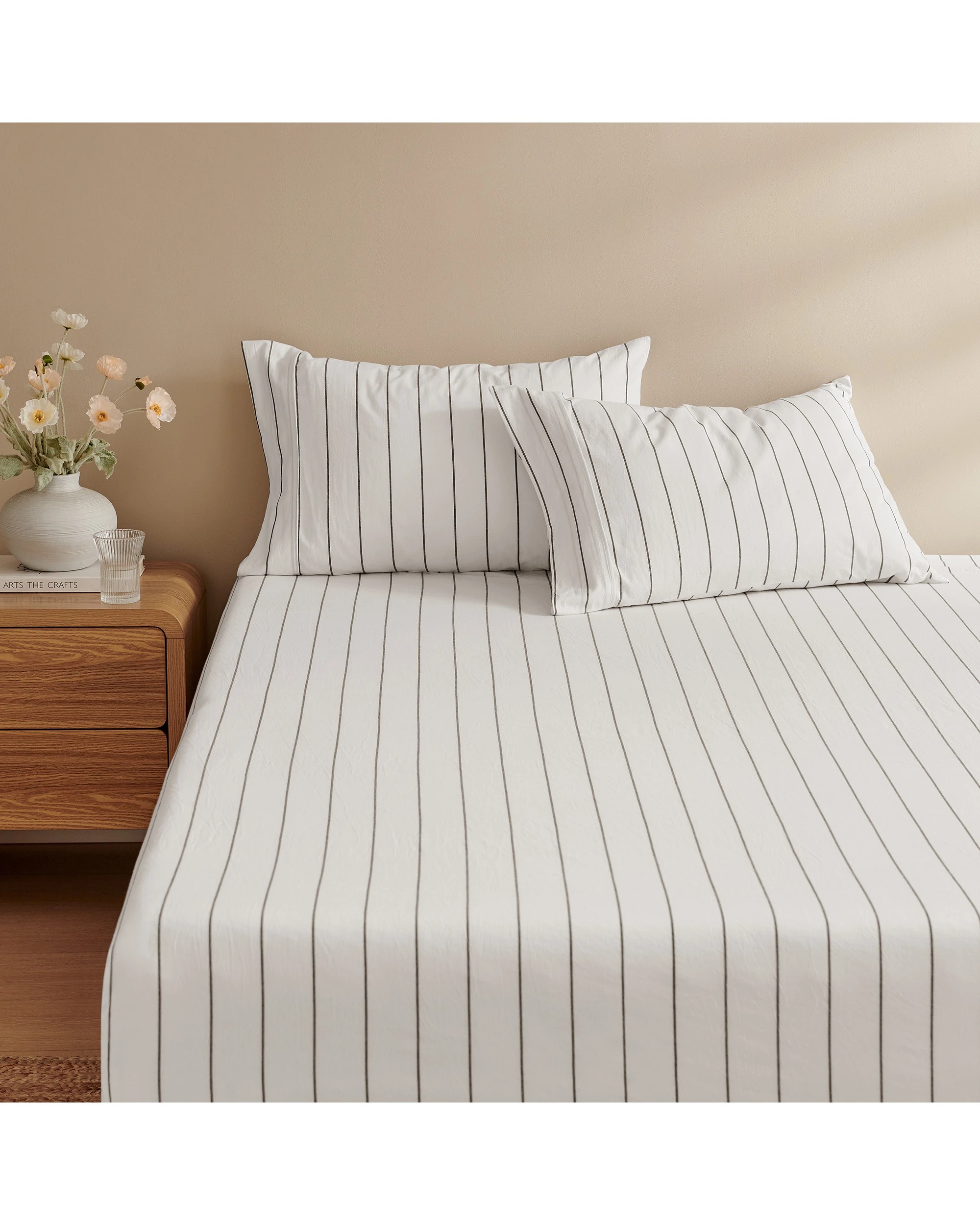 2 Dreamaker Rumi Stripe Washed Cotton Fitted Sheet Set - Double Bed - White with Graphite, 2 of 6
