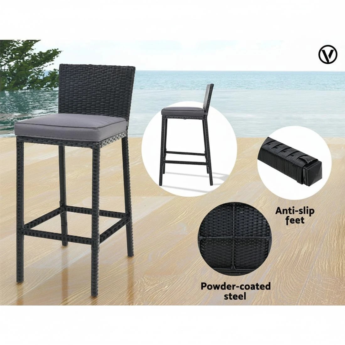 6 Gardeon 5-Piece Outdoor Bar Set Dining Table Stools Wicker Patio Setting - Black, 6 of 8