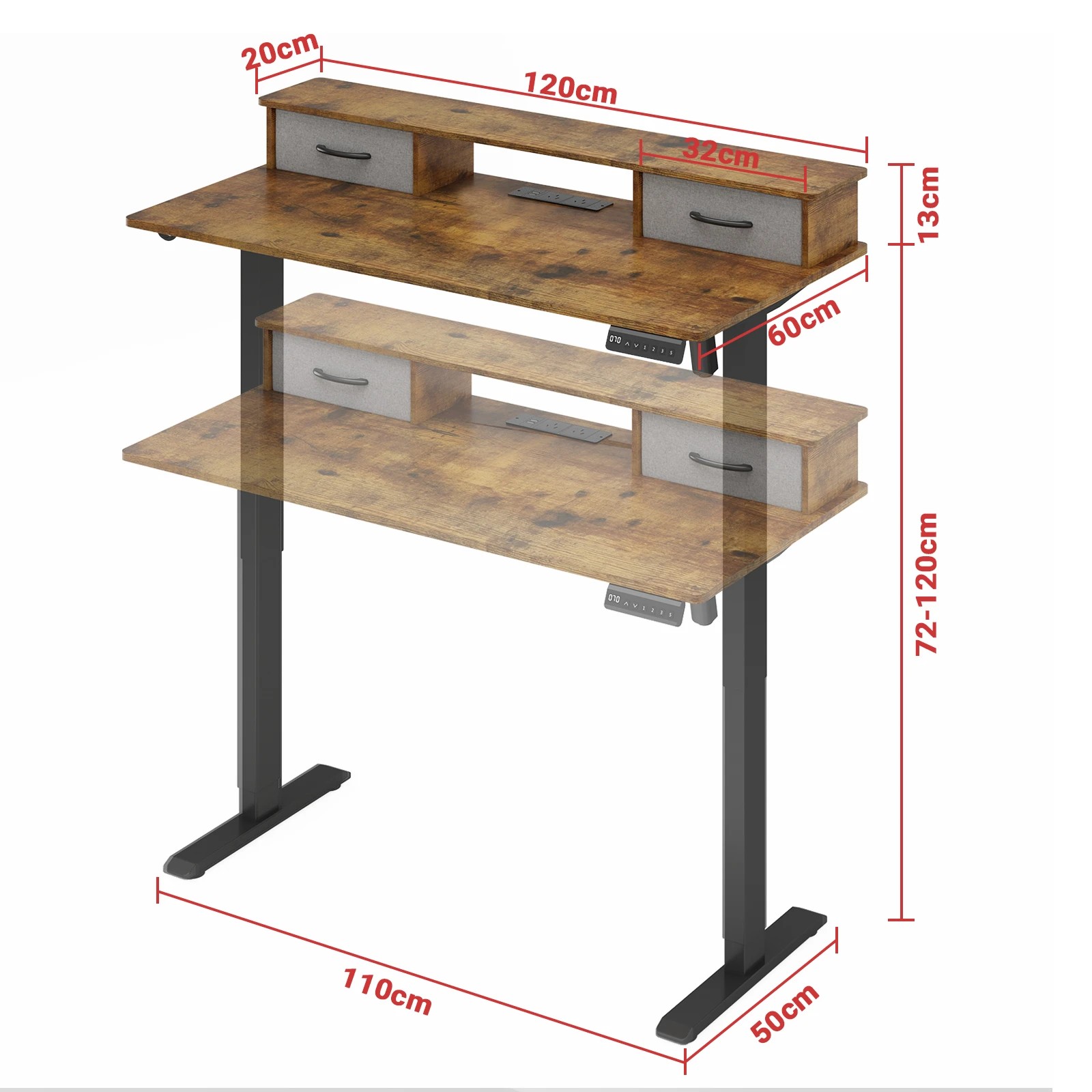 2 Advwin Electric Standing Desk Adjustable Height Stand Up Desk With Monitor Stand 2 Drawers
 - Brown, 2 of 5