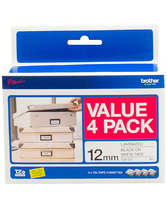 Brother TZe-231 Laminated Tape 12mm x 8m Black on White 4 Pk