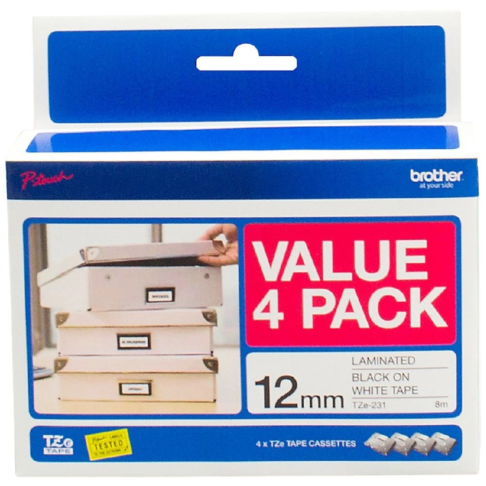 1 Brother TZe-231 Laminated Tape 12mm x 8m Black on White 4 Pk, 1 of 1