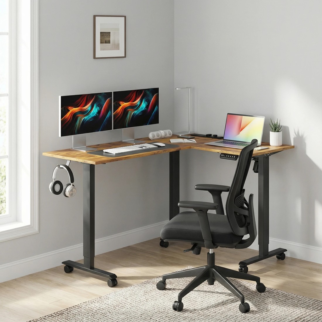 8 Advwin L Shaped Electric Standing Desk Adjustable Computer Desk with Charging Station - Brown, 8 of 9