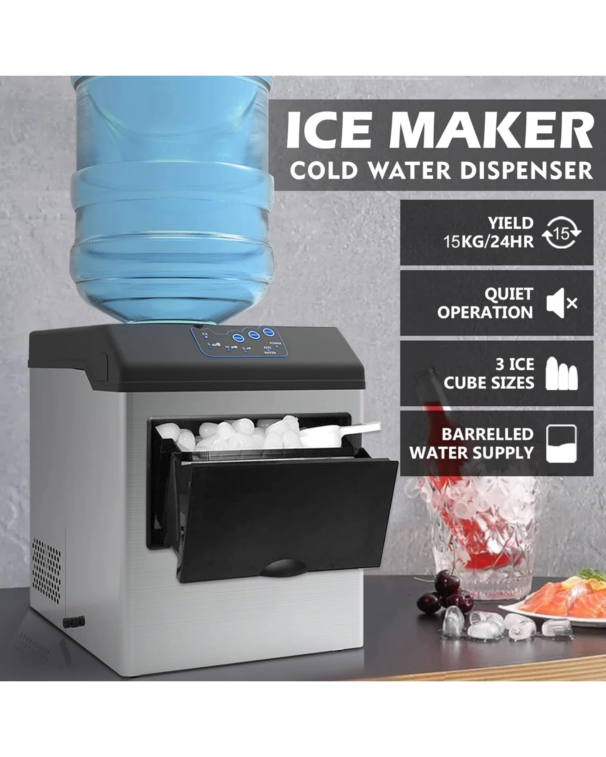 3 Advwin 2-in-1 Ice Maker & Water Dispenser, 15kg/24h Ice Production, Stainless Steel Countertop Design, 3 of 7
