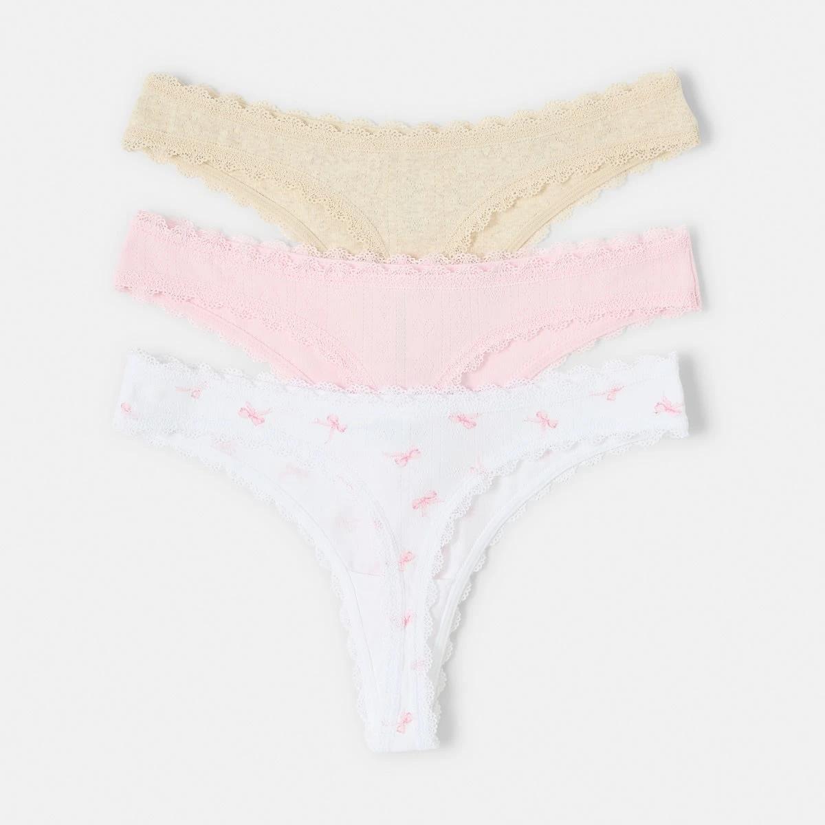 2 3 Pack Pointelle G-String Briefs Pink Bows, 2 of 9