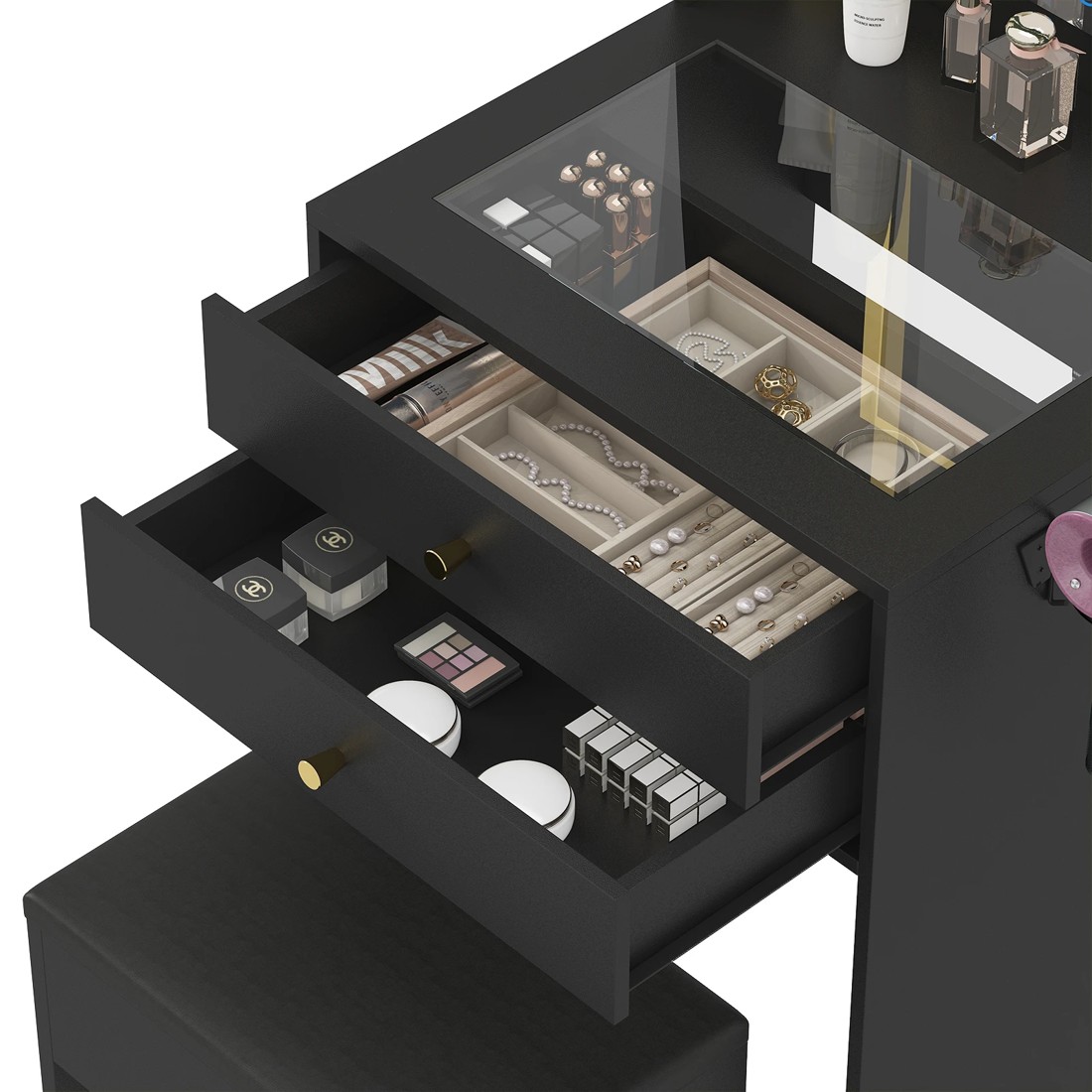 4 Advwin Dressing Table Stool Set Glass Desktop Mirror LED Light 2 Drawers - Black, 4 of 8