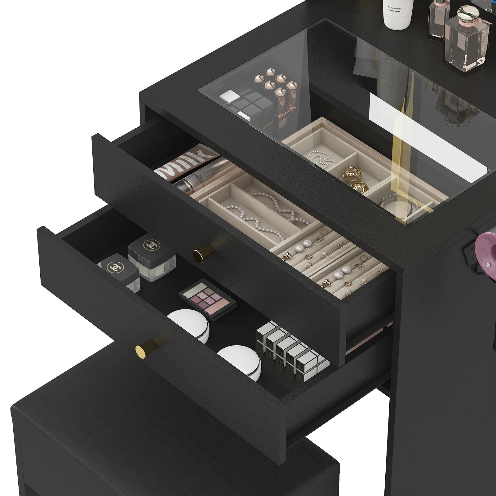 4 Advwin Dressing Table Stool Set Glass Desktop Mirror LED Light 2 Drawers - Black, 4 of 8