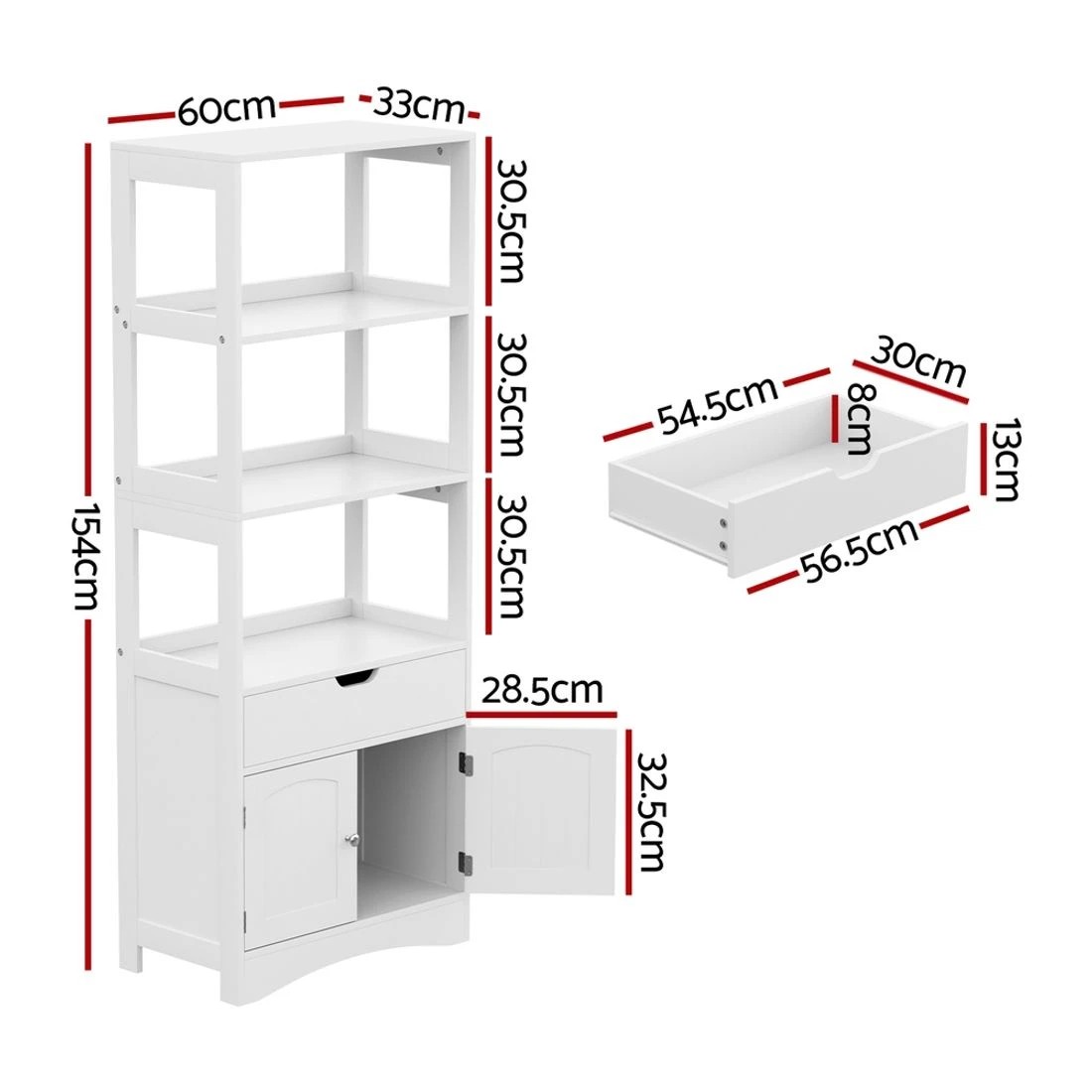 4 Artiss Bathroom Floor Storage Cabinet with 2 Drawers 3 Open Shelves 2 Doors - White, 4 of 8