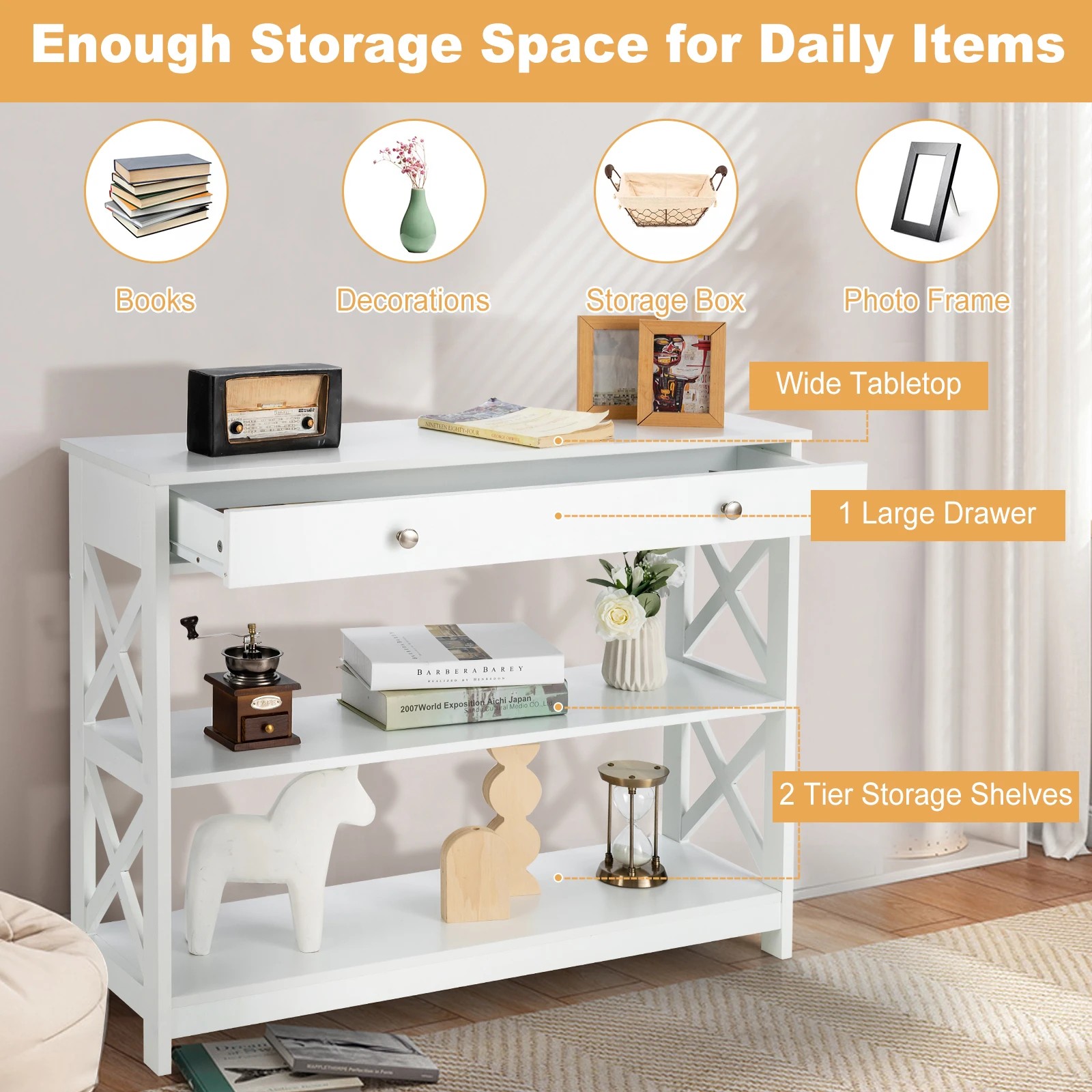 2 Costway 3-Tier Console Table w/Drawer Display Table - White, 2 of 10