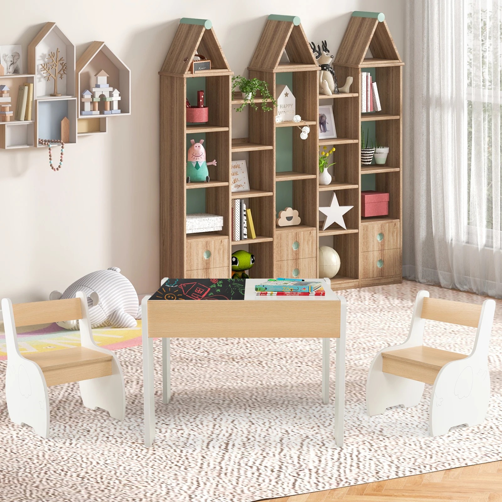 7 Costway 4-in-1 Kids Table Chair Set Wooden Activity Desk - White, 7 of 7