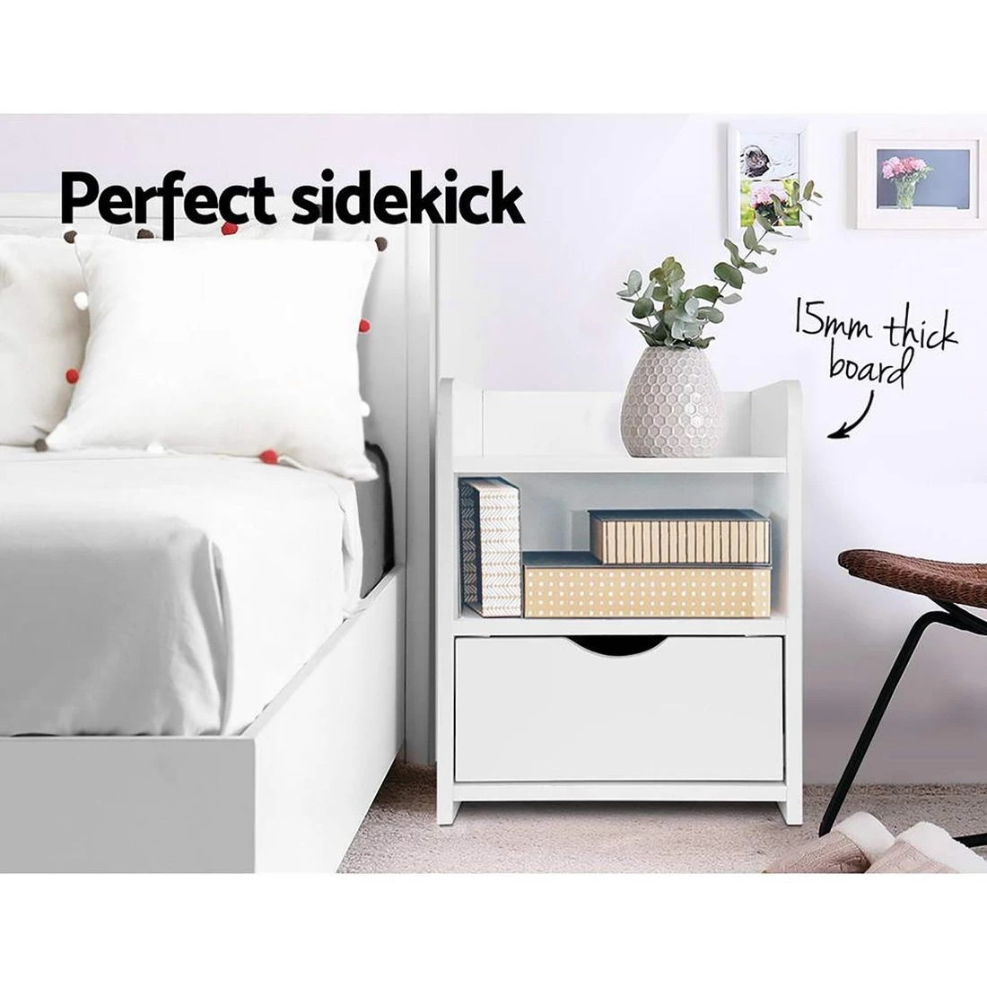 3 Artiss 2X Bedside Table 1 Drawer with Shelf - FARA - White, 3 of 8