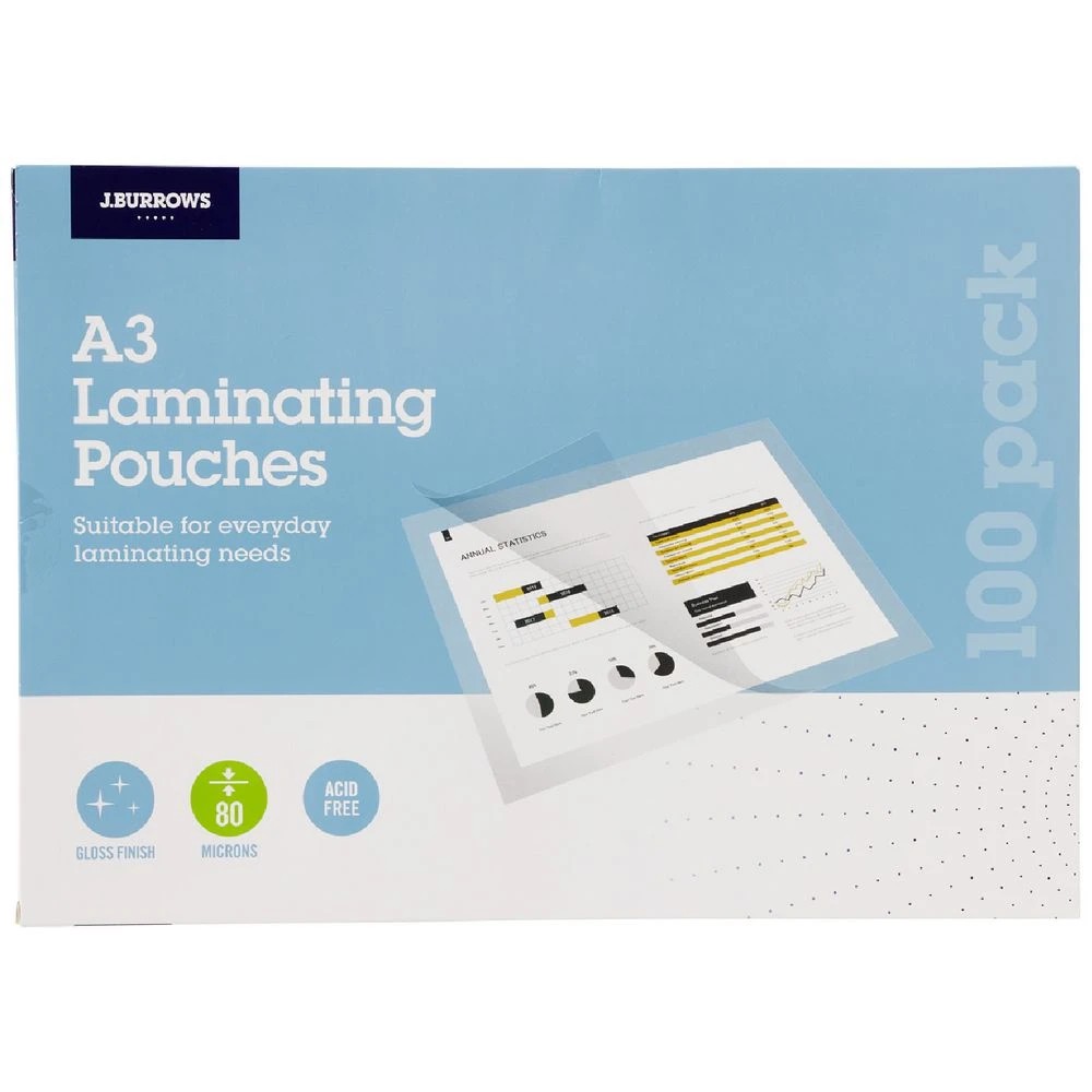 1 J.Burrows A3 Laminating Pouches 80 Micron 100 Pack Gloss, 1 of 3