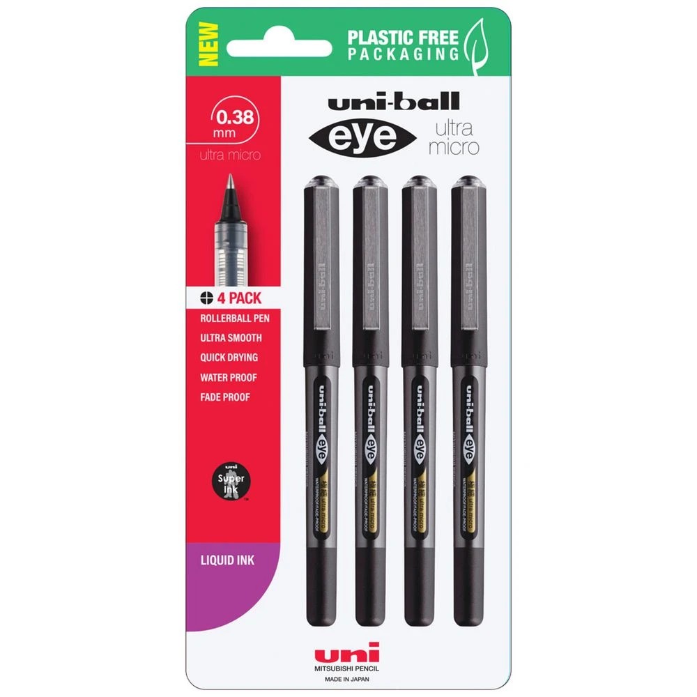 1 Uni-Ball Eye Rollerball Pen 0.38mm Black 4 Pack, 1 of 3