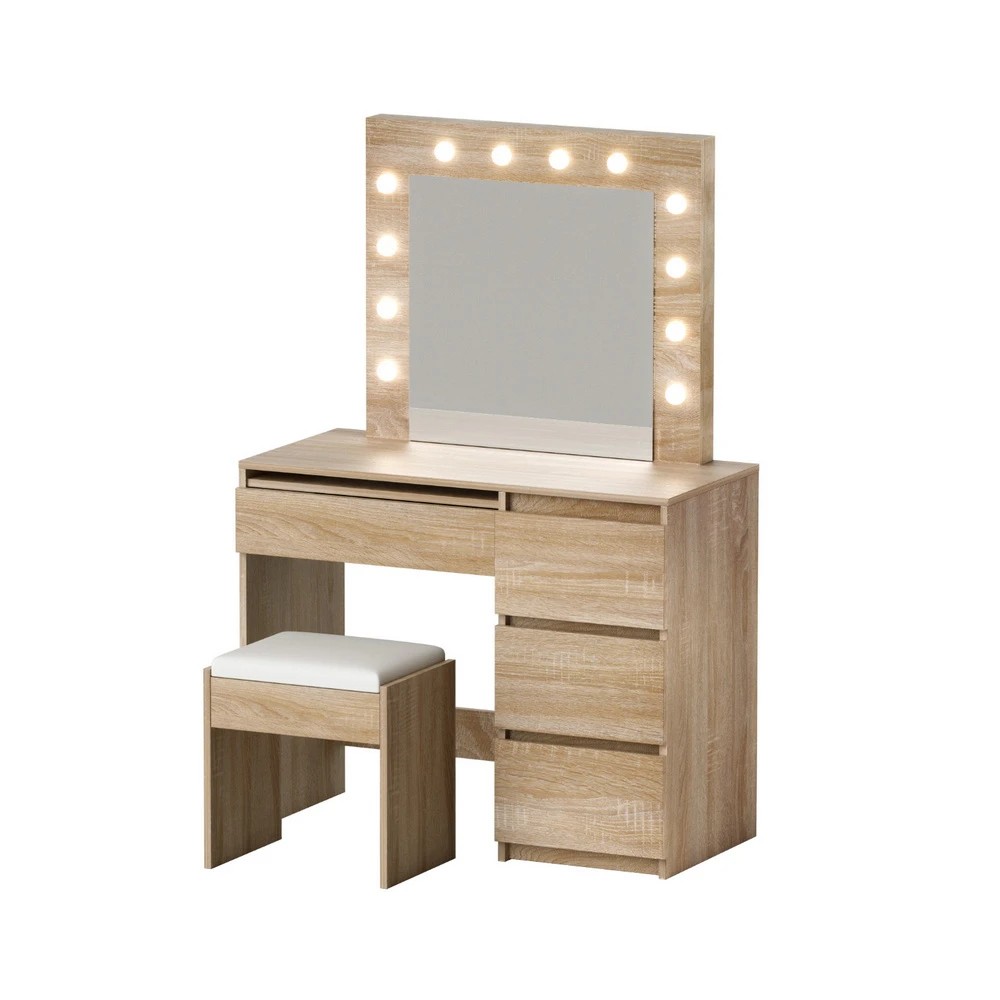 1 Artiss Dressing Table Set Stool 12 Led Bulbs - Natural, 1 of 4
