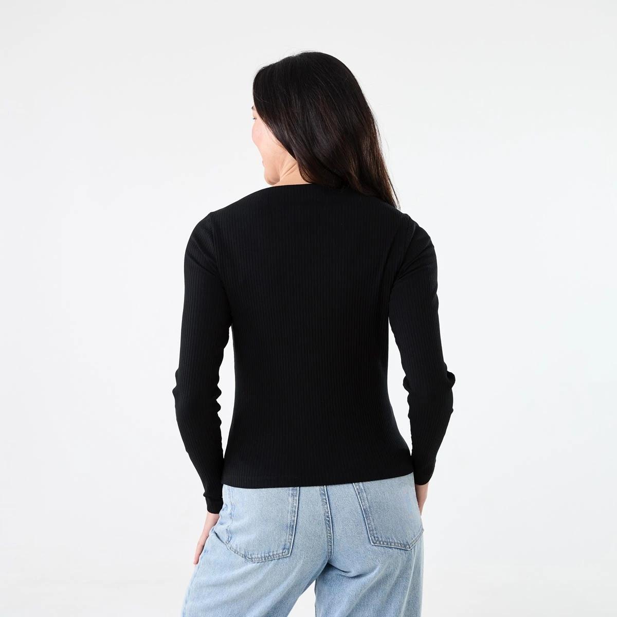 3 Long Sleeve Rib Boat Neck Top Black, 3 of 5