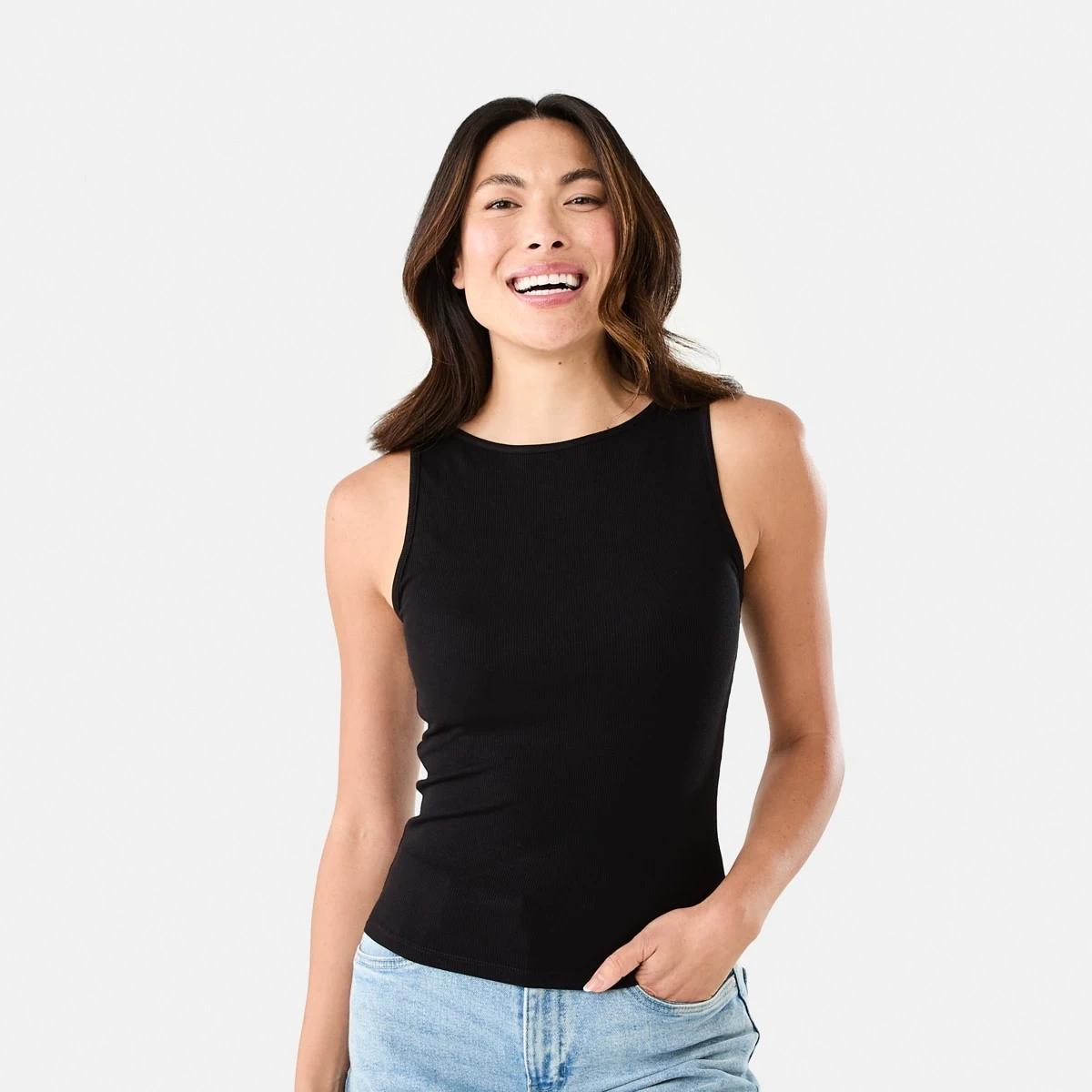 1 Sleeveless Rib Boat Neck Top Black, 1 of 7