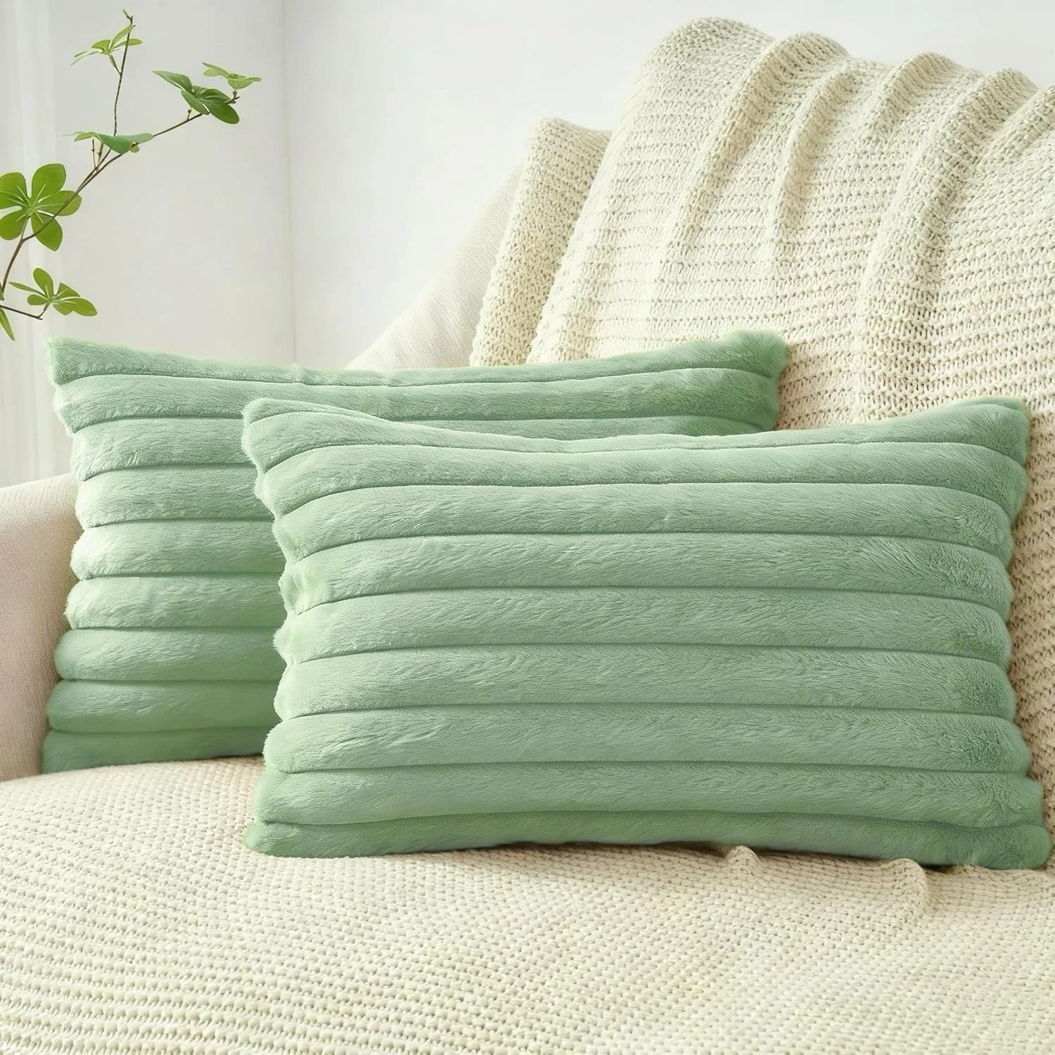 1 Gioia Casa 2-Pack Faux Fur Cushion Covers Soft 30x50cm - Sage, 1 of 3