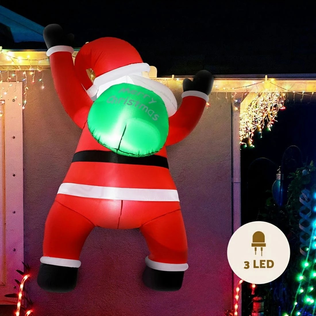 4 Jingle Jollys Christmas Inflatable Santa Climbing LED Illuminated Decorations 1.9M - Multi, 4 of 7