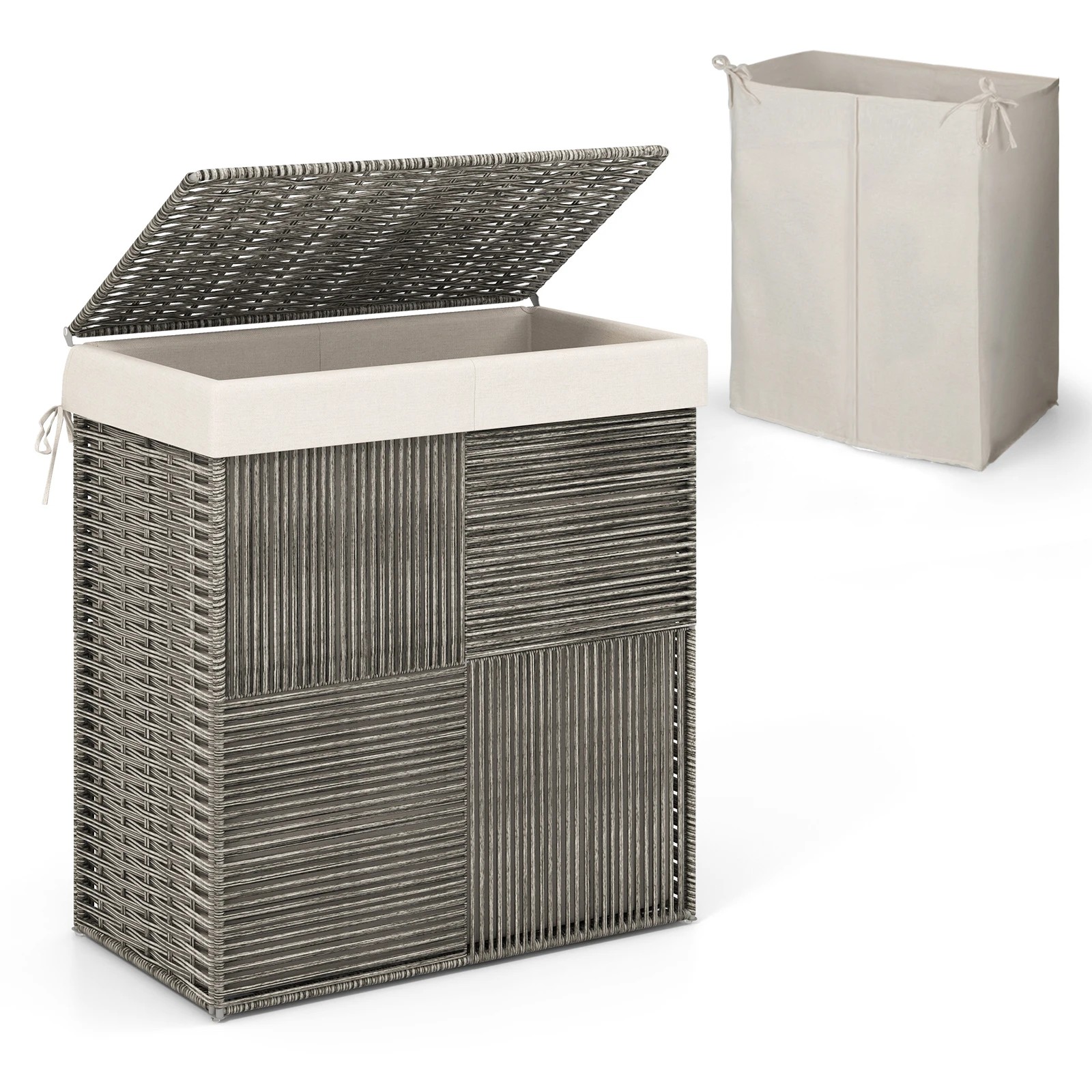 1 Costway 2-Section Laundry Hamper 110L Rattan Clothes Basket w/Removable Liner Bag, 1 of 3
