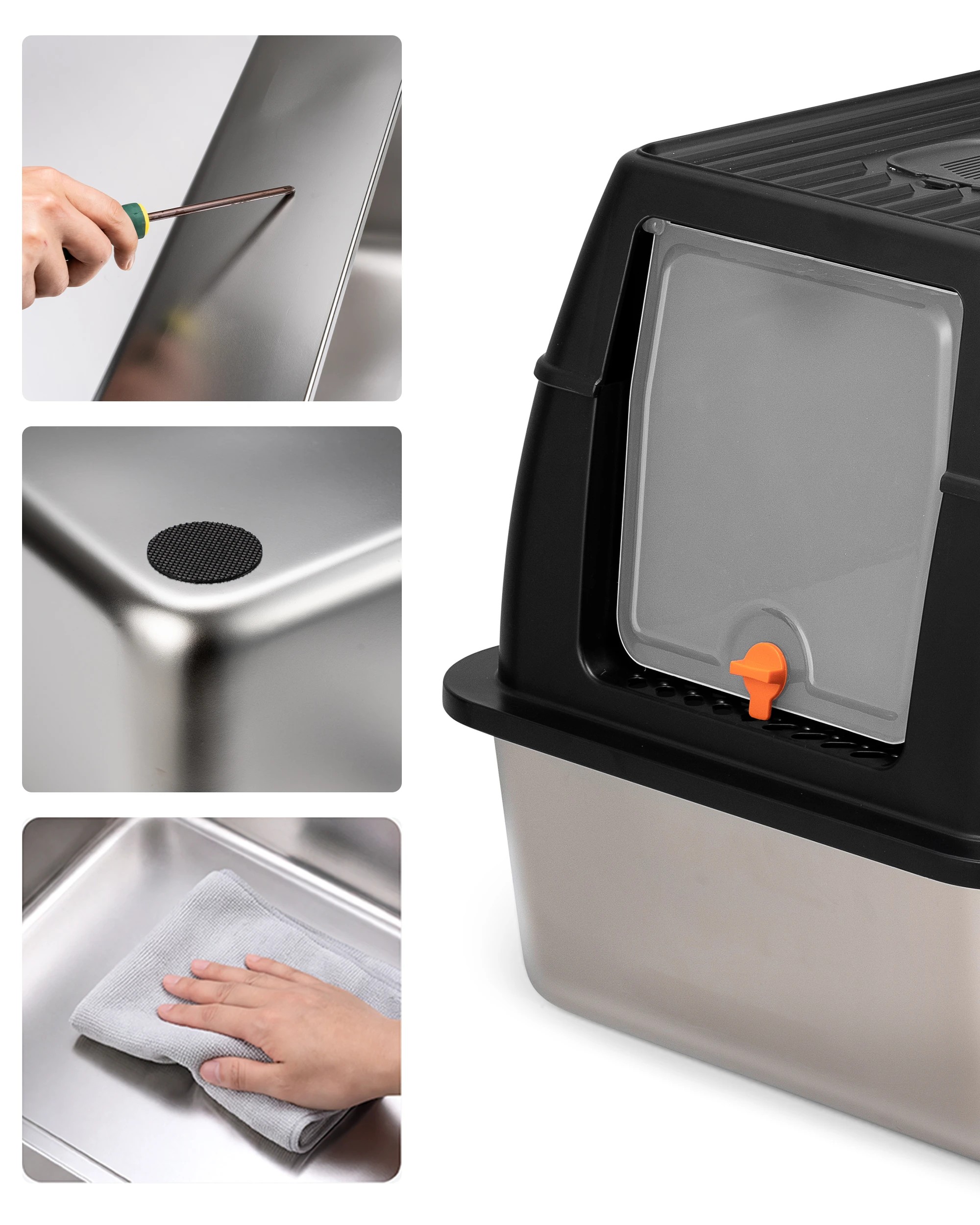 4 Petzly Stainless Steel Enclosed Extra Large Cat Litter Box Non Stick Leak-Proof, 4 of 10