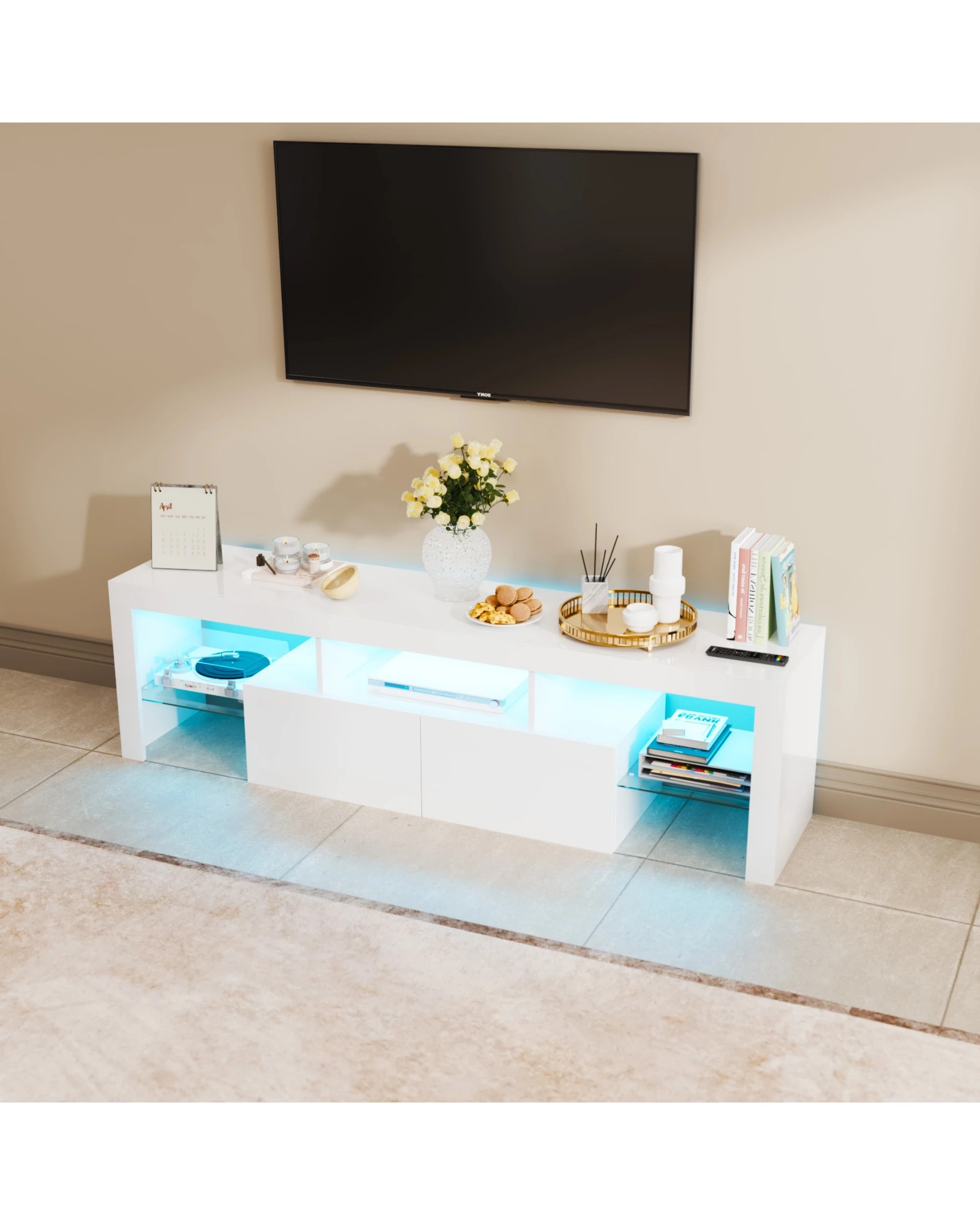 4 Advwin Tv Cabinet 160cm RGB LED UV Gloss Entertainment Unit Stand White, 4 of 8