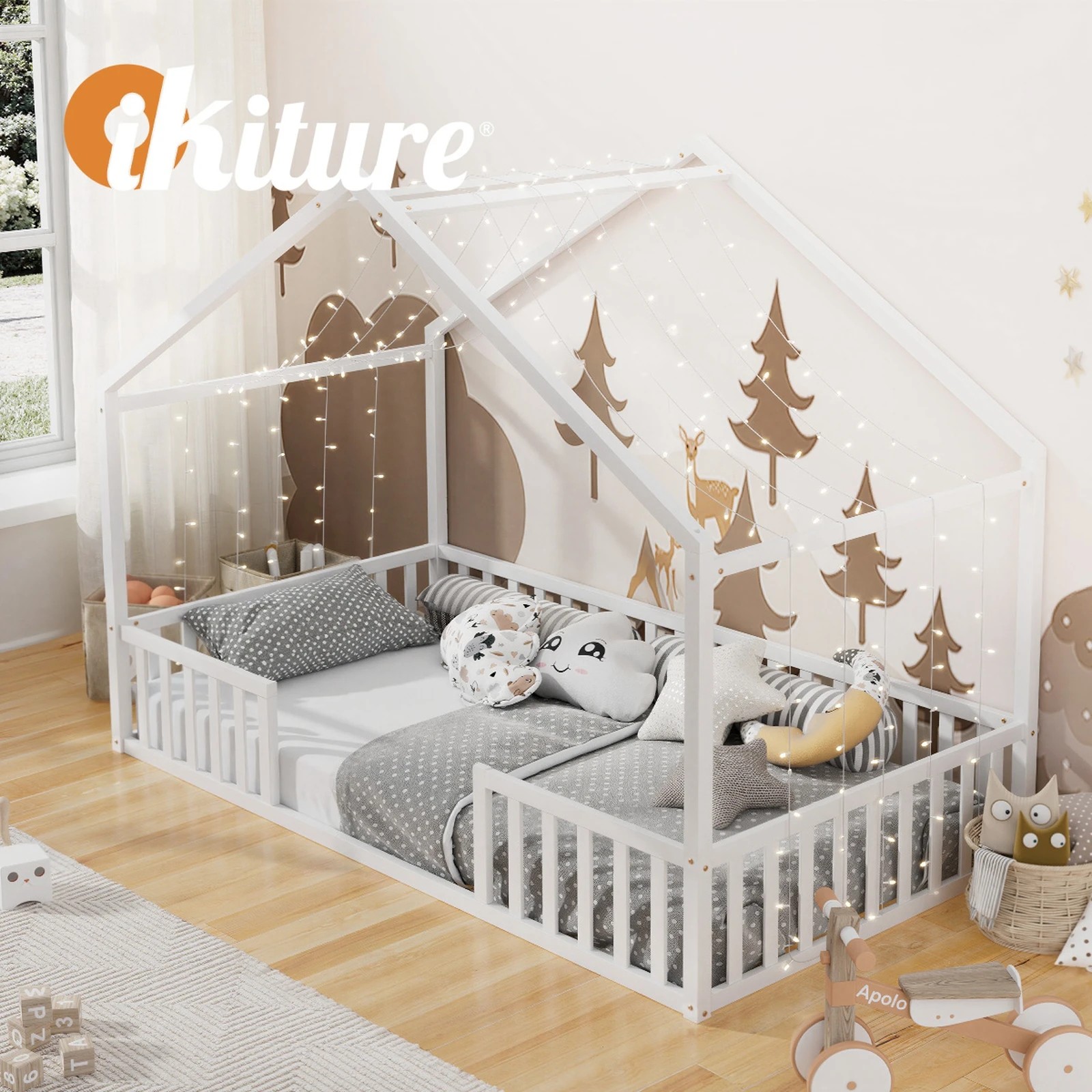 6 Oikiture King Single House Bed Kids Wooden Bed Frame - White, 6 of 10