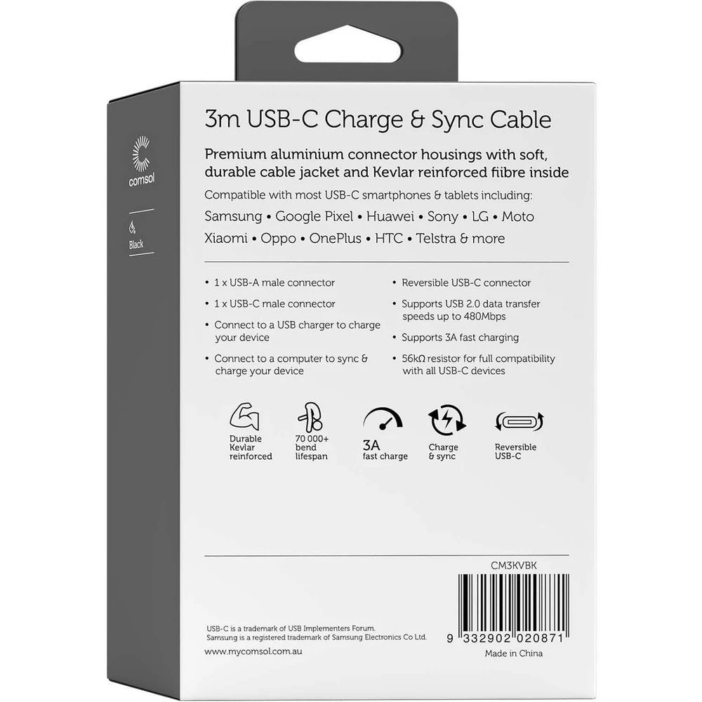 7 Comsol Kevlar USB-A to USB-C Cable 3m Black, 7 of 7